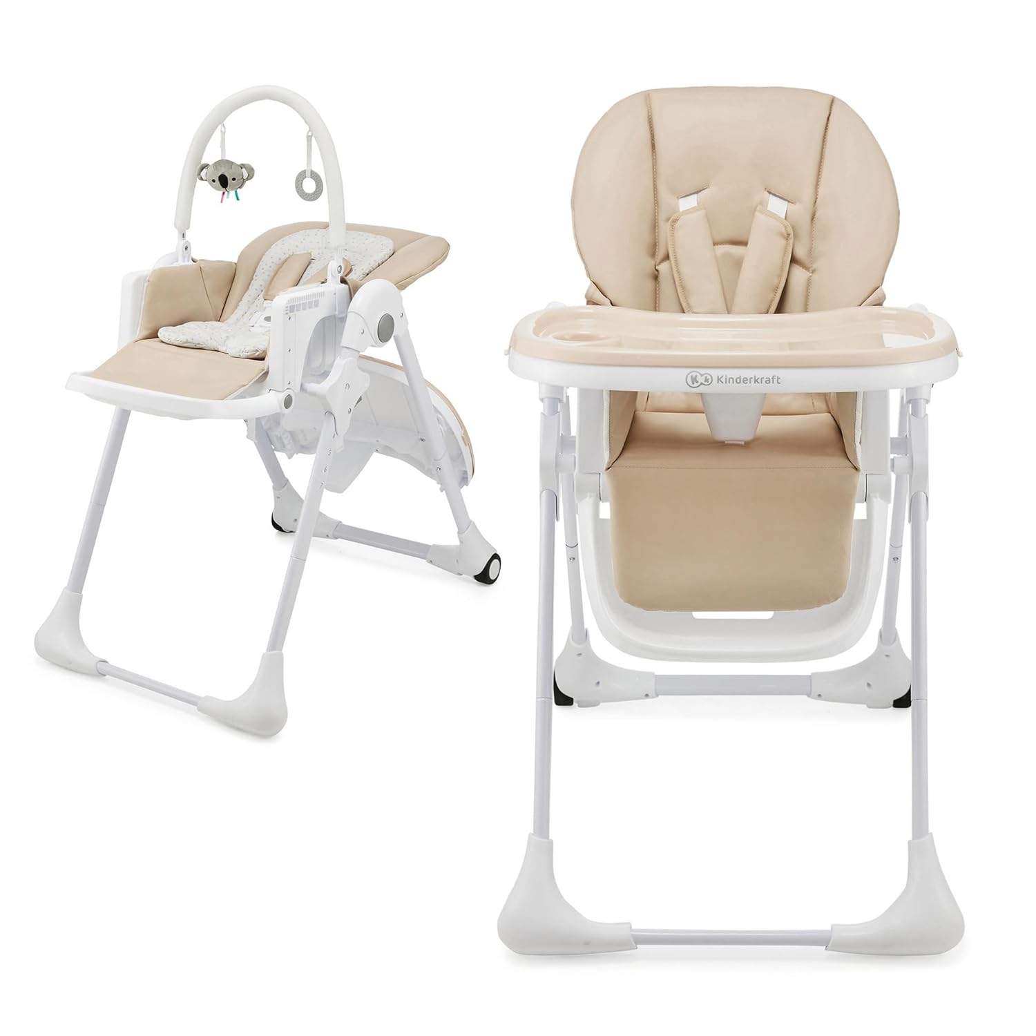 Kinderkraft Tummie, 2-in-1 high Chair, Baby Chair, Ergonomic, Comfortable, Reclining, Foldable, with Ajustable Height, Footrest, Detachable Tray, for Toddler, with Toys, Beige
