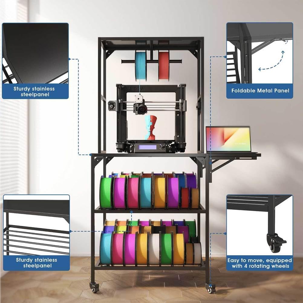 3D Printer Stand, Heavy Duty Large Printer Table Stand with Filament Storage Rack and T-Shaped Spools Holder Rack 3D Printer Table Workbench with Wheels Use for 3D Laser Printer Home Office