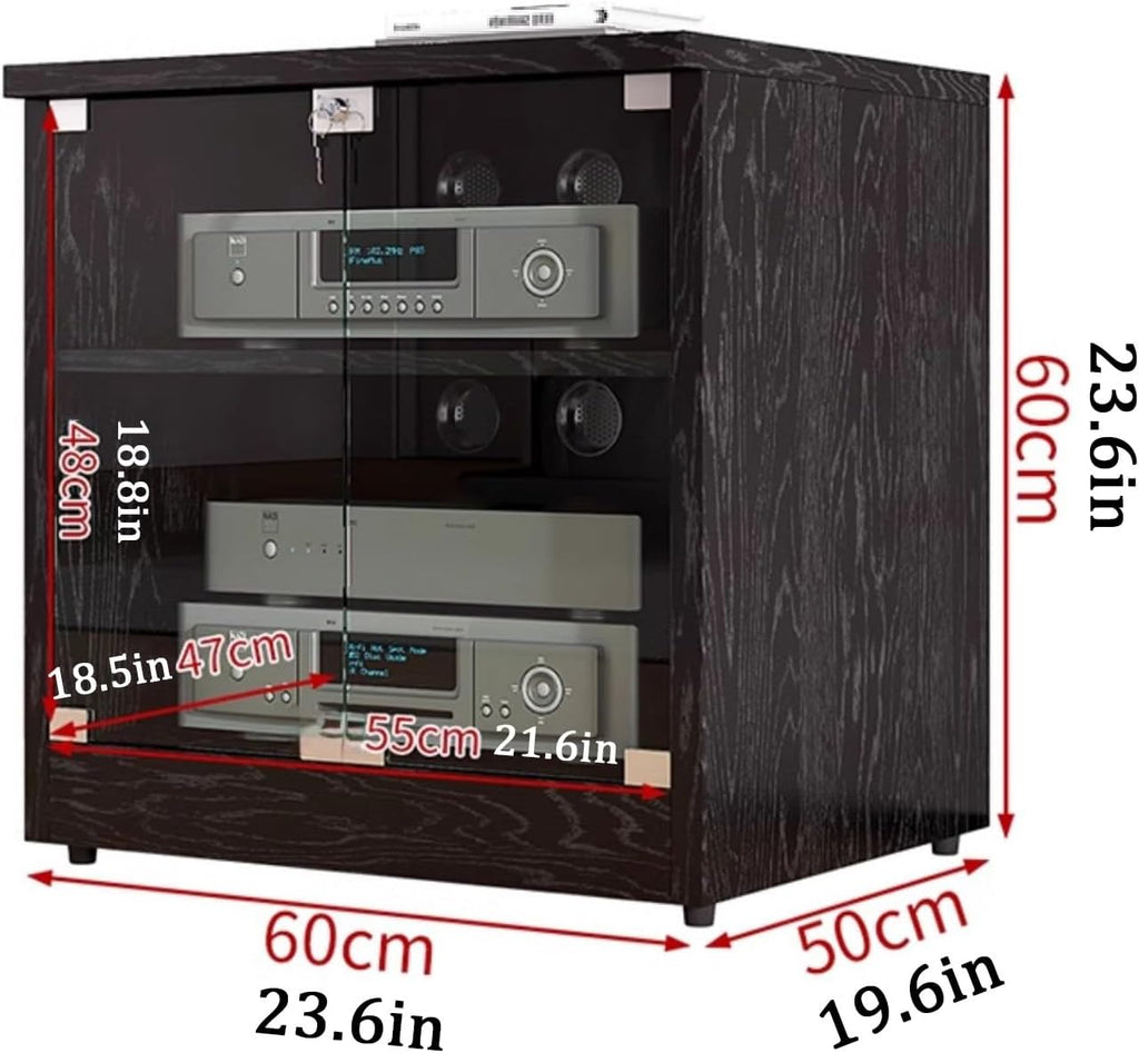 Modern Stereo Cabinet with Glass Doors, 2-Tier Media Stand, Adjustable Shelves, Audio Rack for AV Storage, Brown Wood TV Stand with Cable Management (120x48x37cm)