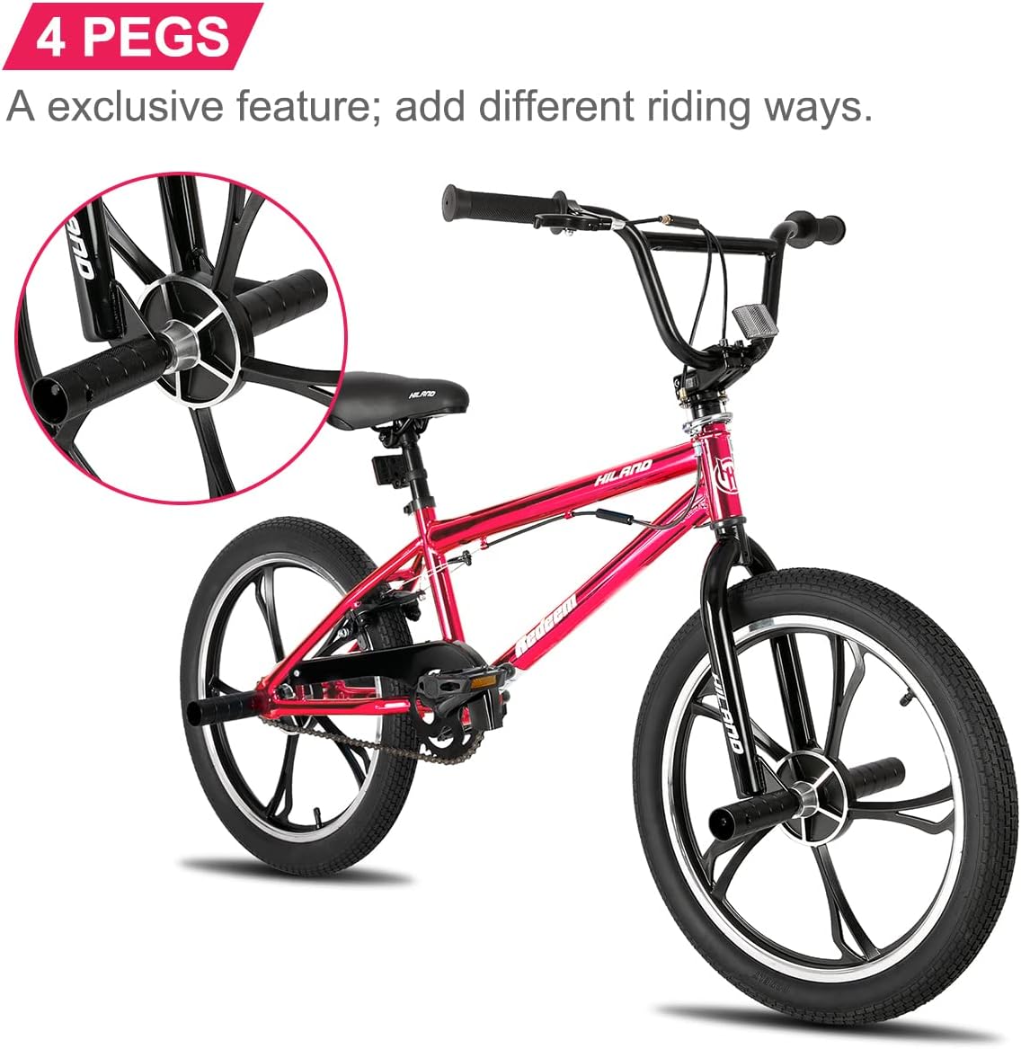 Hiland 20 Inch 3 5 Spoke Kids BMX Bike for Boys Girls Ages 5-12, 360 Degree Rotor Freestyle, 4 Pegs Single Speed Kid's BMX Bicycle, Multiple Colors