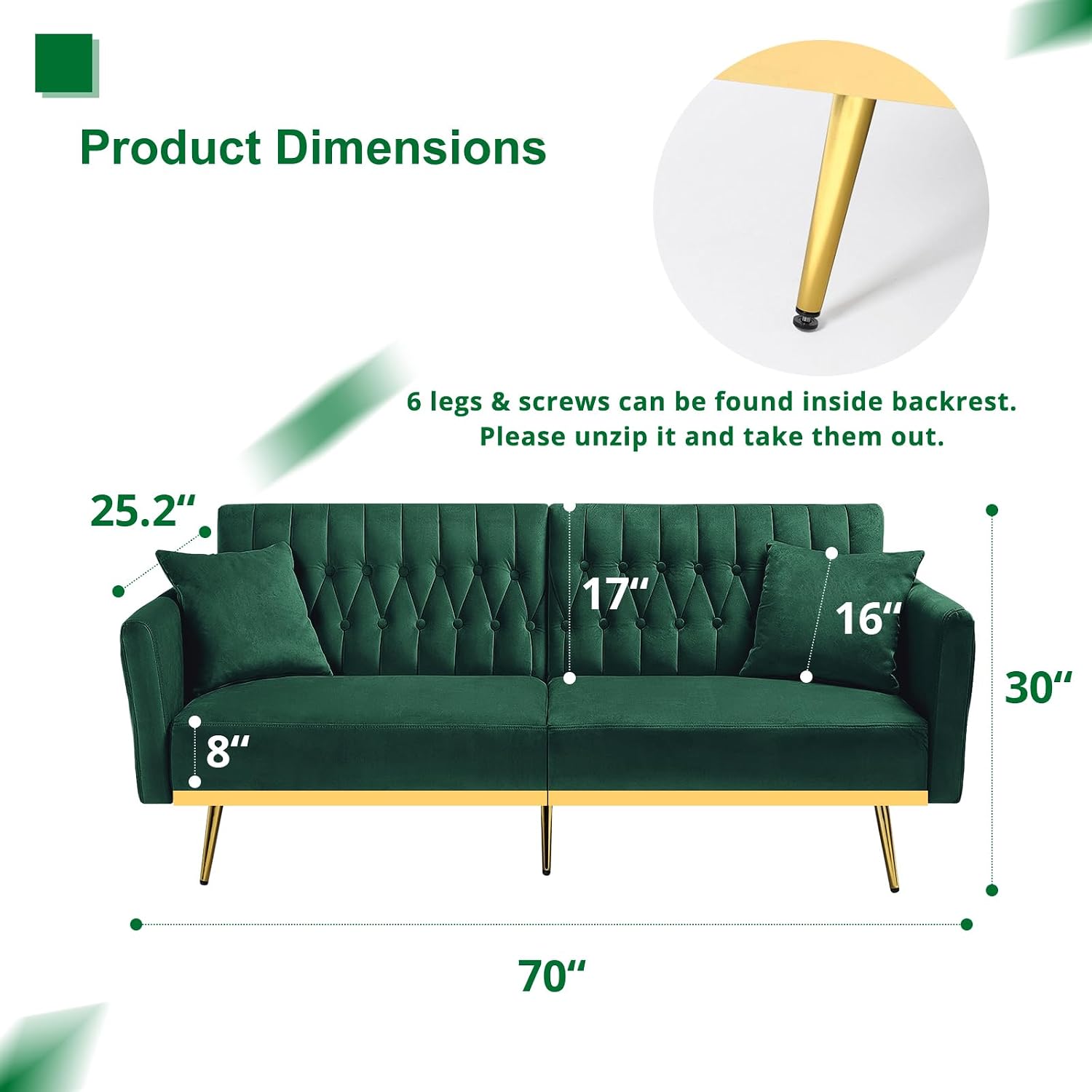 70' Velvet Futon Sofa Bed w/Adjustable Backrests and Armrests, Convertible Futon Couch with 2 Pillows, Modern Tufted Sleeper Bed for Living Room, Bedroom,Green