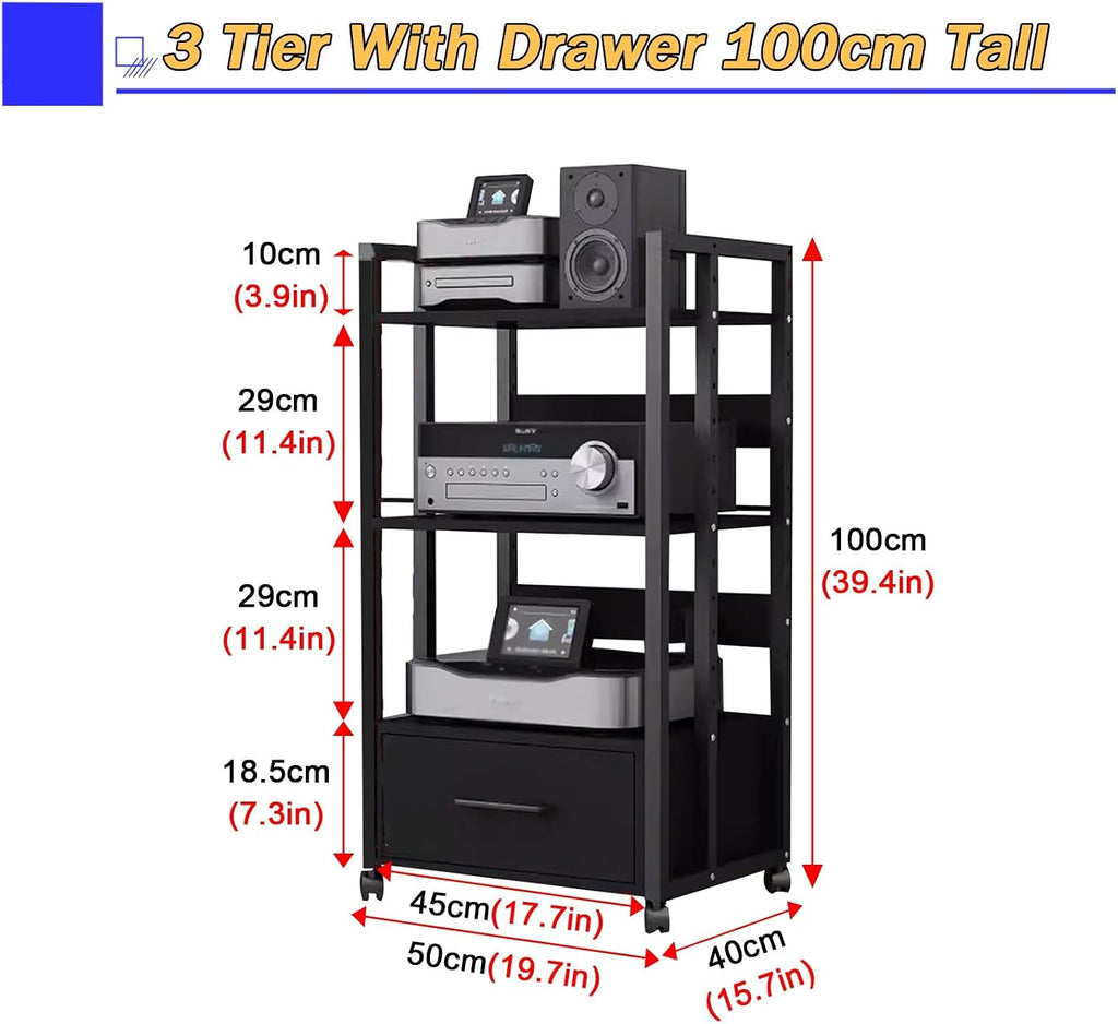 5/4/3/2-Tier AV Media Stand Vertical Storage Cabinet, Office Home Classroom Stereo Rack System Cabinet Adjustable, Mobile Audio Equipment Rack, Portable Record Player Amplifiers Shelf(3 Tier 100cm Tal