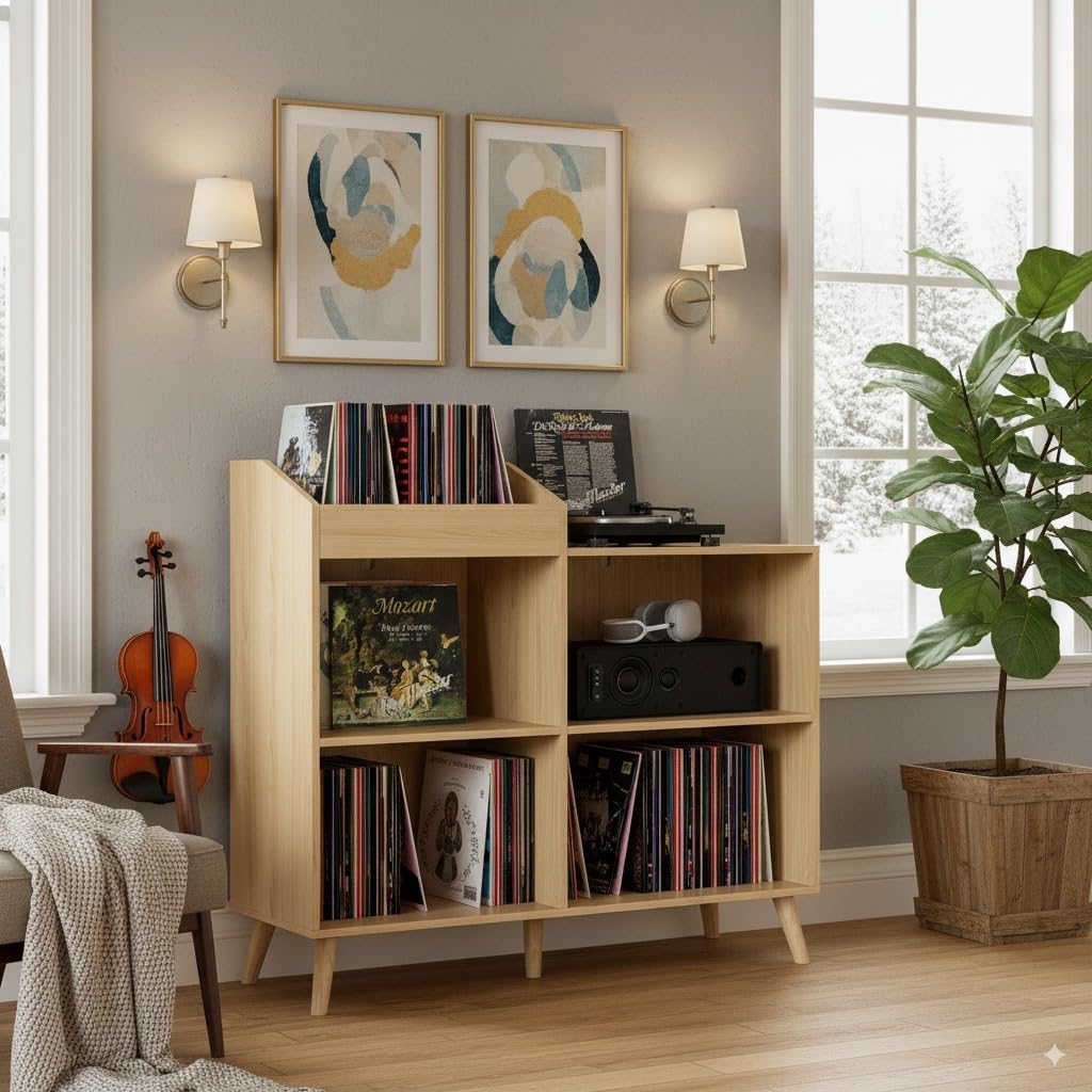 DIYART Large Record Player Stand with Power Outlet, Vinyl Record Storage Table Holds Up to 400 Albums, Mid-Century Turntable Stand for Living Room, Bedroom, Oak