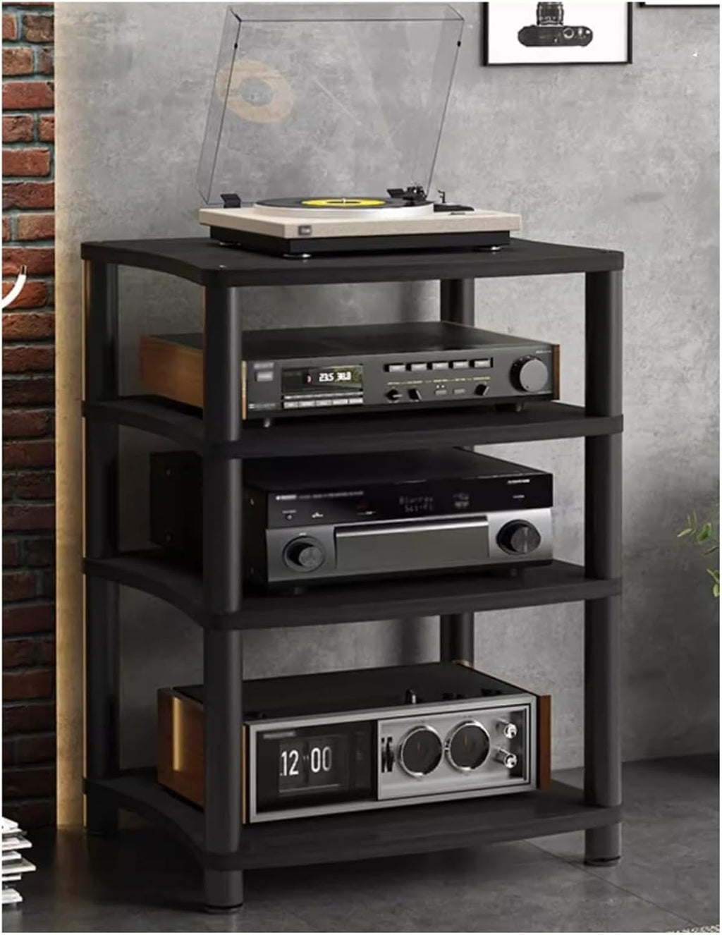 4-Tier Heavy Duty Stereo Stand for Small Spaces, Wooden & Metal AV Media Cabinet for Living Room/Bedroom/Home, Perfect Audio Equipment Rack (Black)