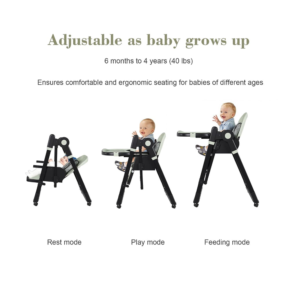 Baby High Chair Convertible to Rocker with 5-Point Harness Belt, Foldable Infant Feeding Seat with Silent Locking Wheels & Removable 2-Tier Easy-Clean Tray for 6 Months - 4 Years (Green)