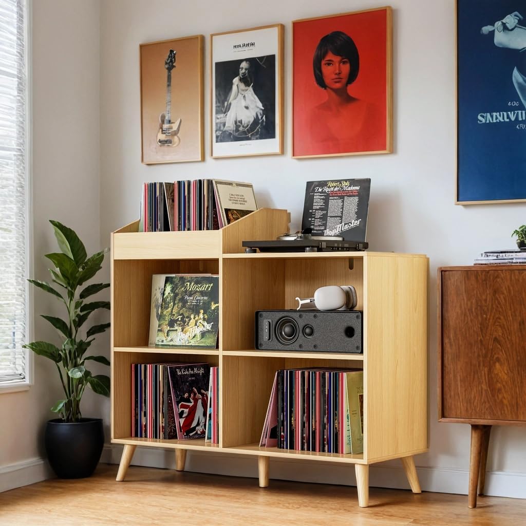 DIYART Large Record Player Stand with Power Outlet, Vinyl Record Storage Table Holds Up to 400 Albums, Mid-Century Turntable Stand for Living Room, Bedroom, Oak
