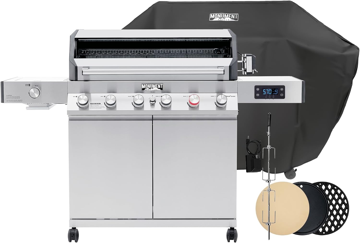 Monument Grills 6+1 Burner Smart Propane Gas Grill, Denali 605Pro Stainless Steel Grill 78,000 BTU Outdoor Barbecue Grill with Side Burner, Pizza Stone, Round Cooking Plate & Grid, Cover, Rotisserie