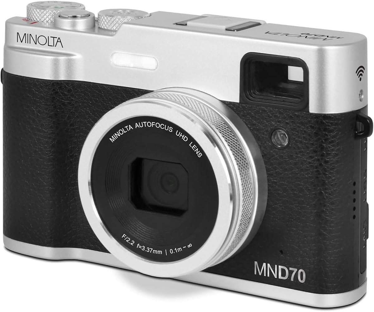 Minolta Retro Digital Camera – 48MP Autofocus Compact with 5K Ultra HD Video, Rear Selfie Lens, 16x Zoom, WiFi, 2.8-inch LCD Screen, Digital Stabilization, Optical Viewfinder, 32GB Card (Silver)