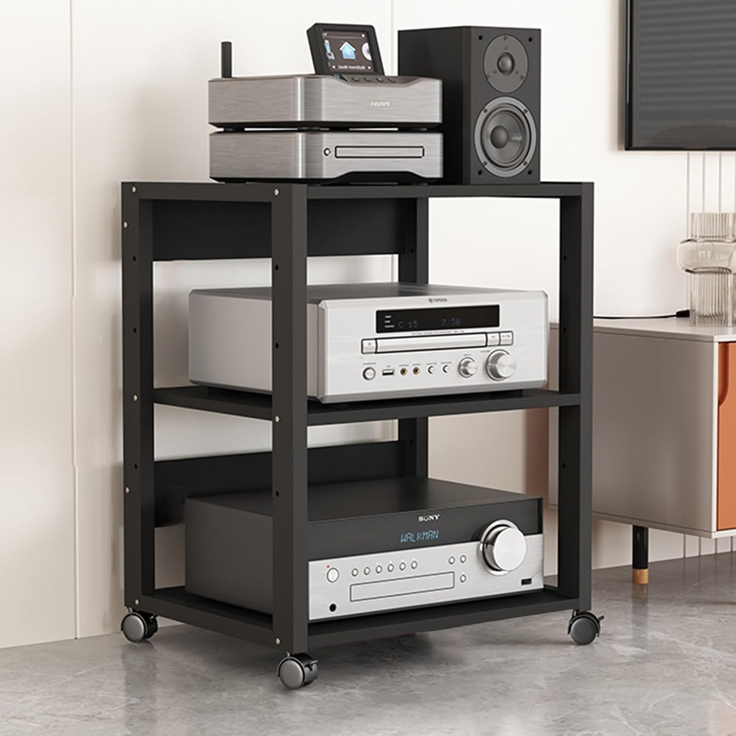 27in High Modern Record Player Stand, 4/3 Tier Mobile Audio AV Media Shelf Vertical Storage Cabinet for Office Home Classroom, Stereo Equipment Rack Adjustable(Black,3 Tier)