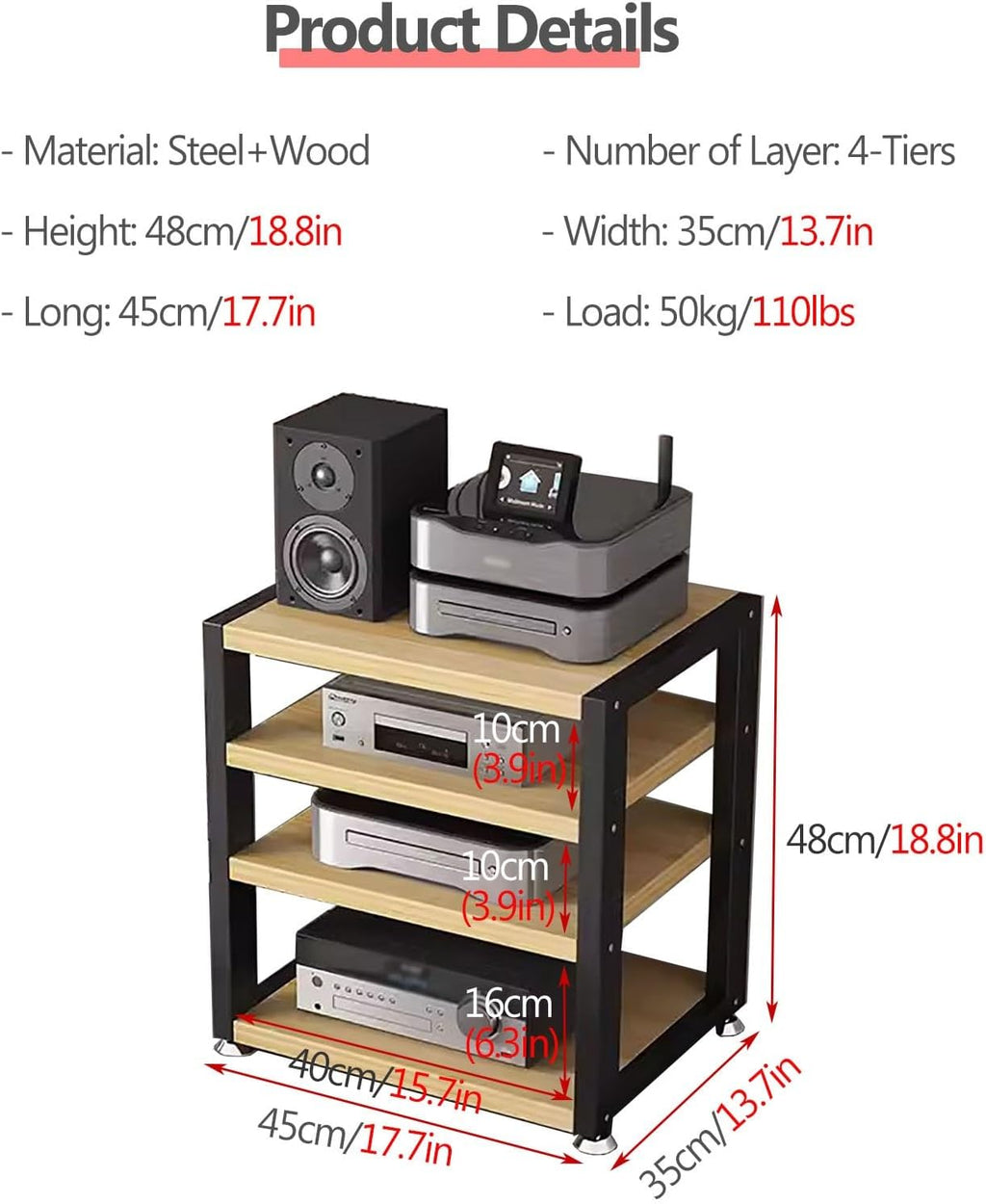 Small Media Stereo Stand Equipment Shelf - Free Standing Home & Commercial Audio Component Rack - Entertainment Stand with 25mm Thickened Plate for Soundbar, Woofer, 4-Tiers