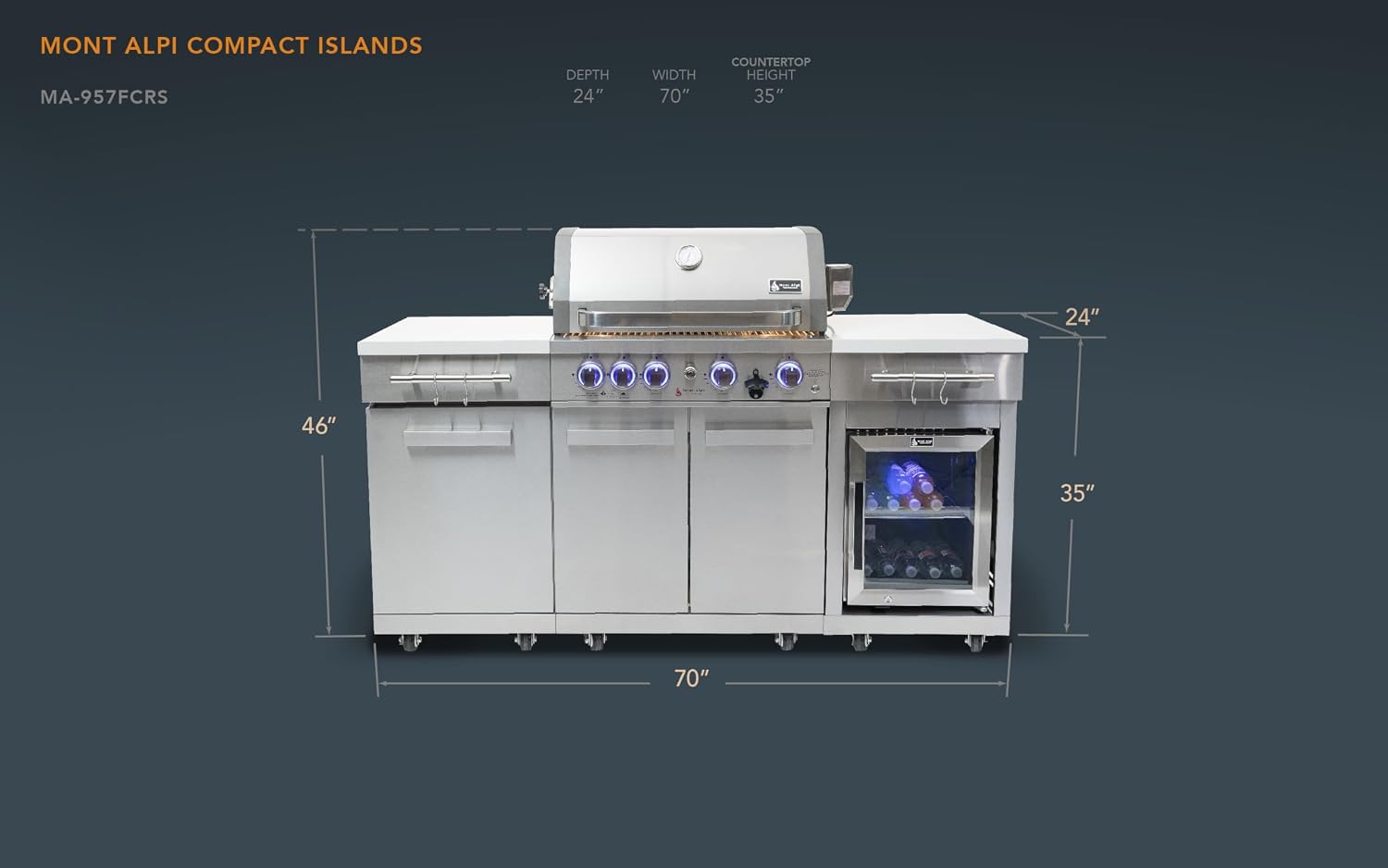 Mont Alpi Premium 70'W x 24'D Stainless Steel Compact Outdoor Kitchen Island with Refrigerator + 32'W 4-Burner BBQ Grill with Infrared Rotisserie Burner + Storage Cabinets + White Granite Countertops