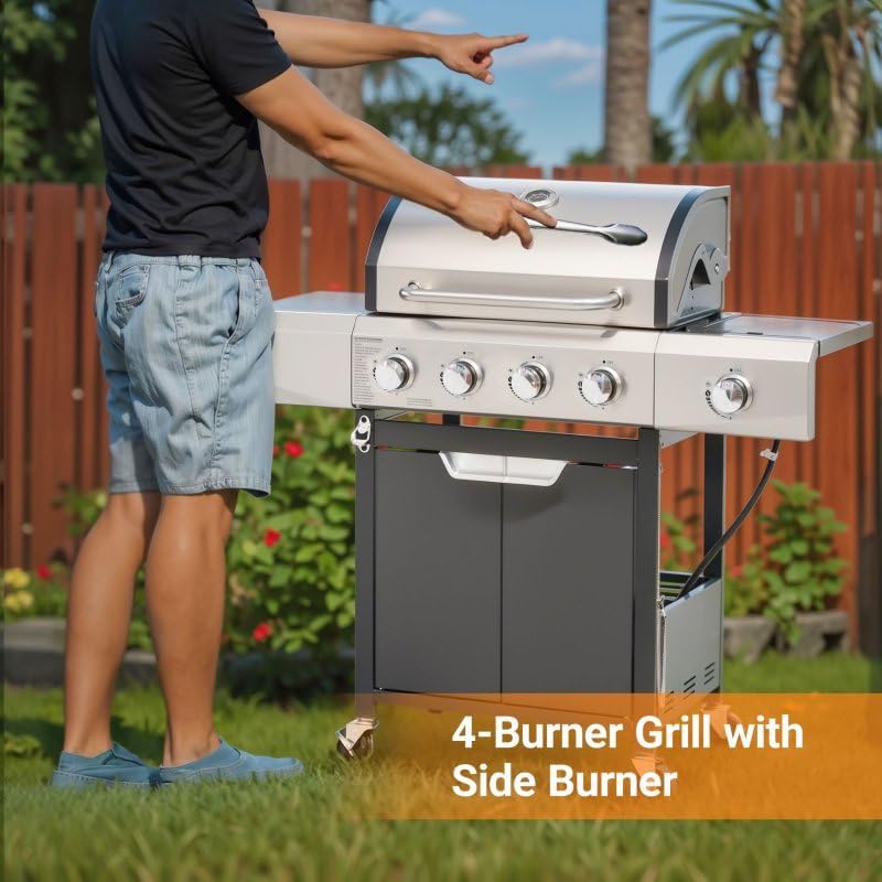 Endark Upgraded 51,000 BTU Gas Grill, 4-Burner BBQ Grill with Side Burner – Ideal for Camping, Outdoor Cooking, and Gatherings