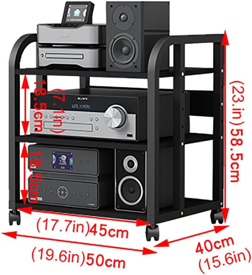 XingLi 3/4/5-Tier Audio Equipment Rolling Cart Rack，Large Stereo Black Storage Cabinet - Office Bedroom Living Room AV Media Shelf(Size:3 Tier-H58.5cm)