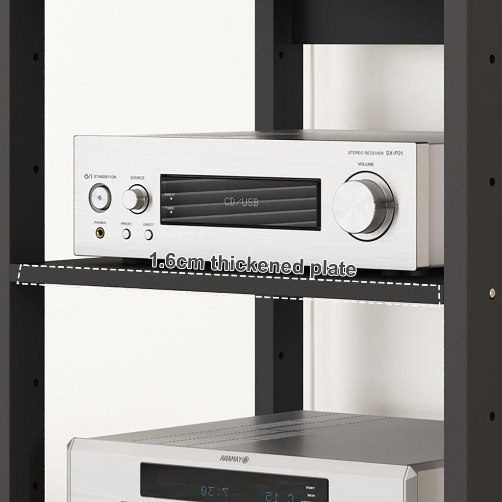 AV Media Tower Stereo Cabinet, 3/4/5 Tier Floor-Standing Audio Rack CD DVD Record Player Stand, Movable Corner Storage Shelf with Wheels for Home Theater, Black(5 Tier)