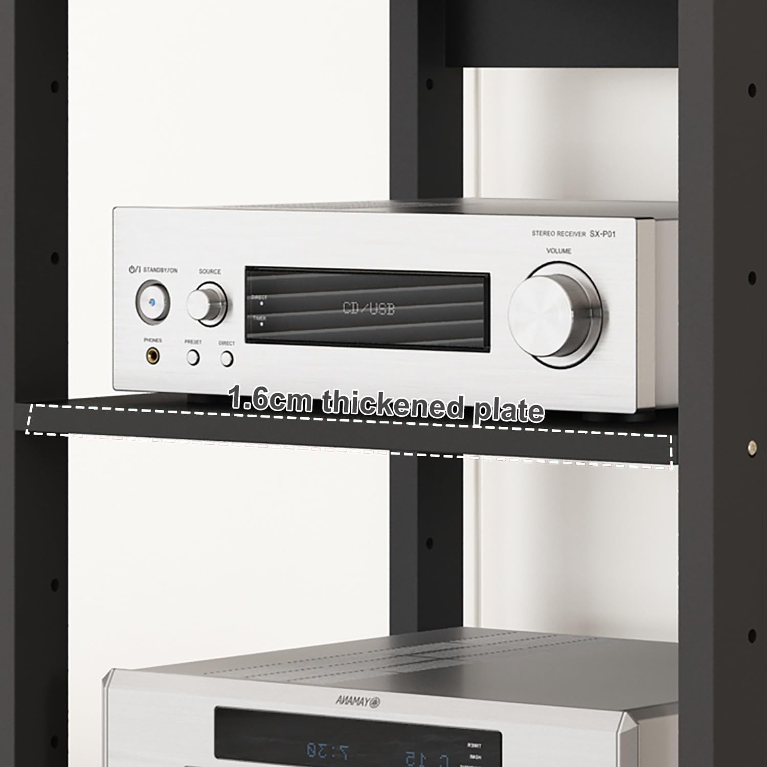 AV Media Tower Stereo Cabinet, 3/4/5 Tier Floor-Standing Audio Rack CD DVD Record Player Stand, Movable Corner Storage Shelf with Wheels for Home Theater, Black(5 Tier)