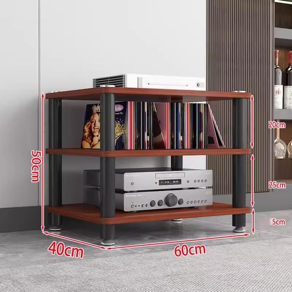 Modern 3-Tier Media Storage Cabinet Rack, Stylish Audio Tower Stand for TV & Stereo, Wood Media Organizer for Living Room, Entertainment Center (Red)