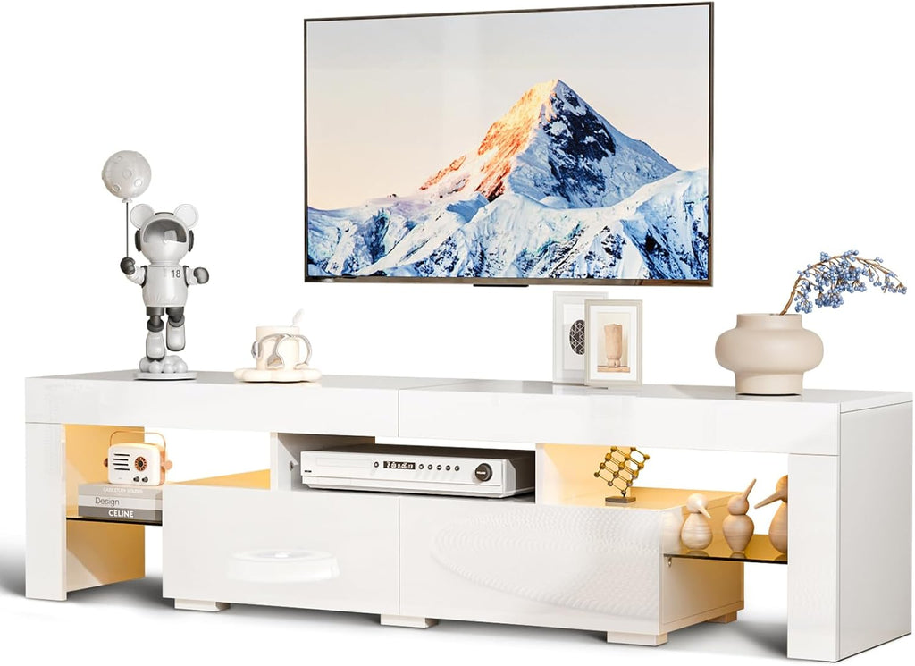 VINGLI LED TV Stand, 63'' High Glossy Modern Entertainment Center with Remote Control 20-Color LED Lights and 2 Large Storage Draws for 55/60/65/70 Inch TV (White, 63''L x 14''W x 18''H)