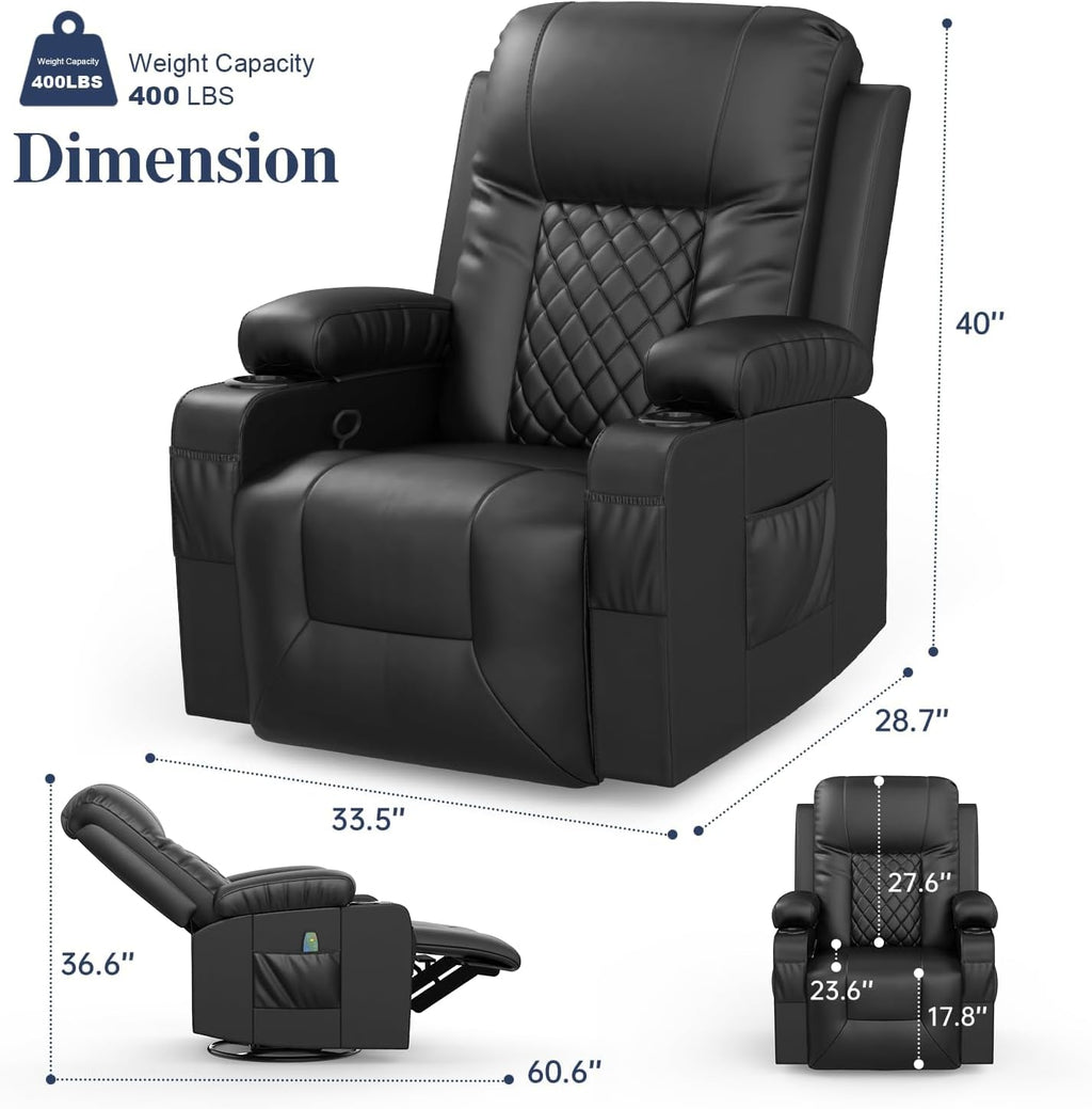 Recliner Chair, Swivel Rocker Recliner with Massage & Heat, Reclining Chair with Cup Holder & Pocket, 360° Swivel Home Theater Seating Lounge Recliner