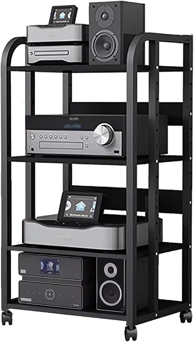 WDJBPSH Mobile Audio Media Rack on Wheels, Portable Video Entertainment Equipment Storage Holder with Height-Adjustable Shelf, Office Bedroom Living Room Organizer(Size:4 Tier/H 100cm -no Drawer)