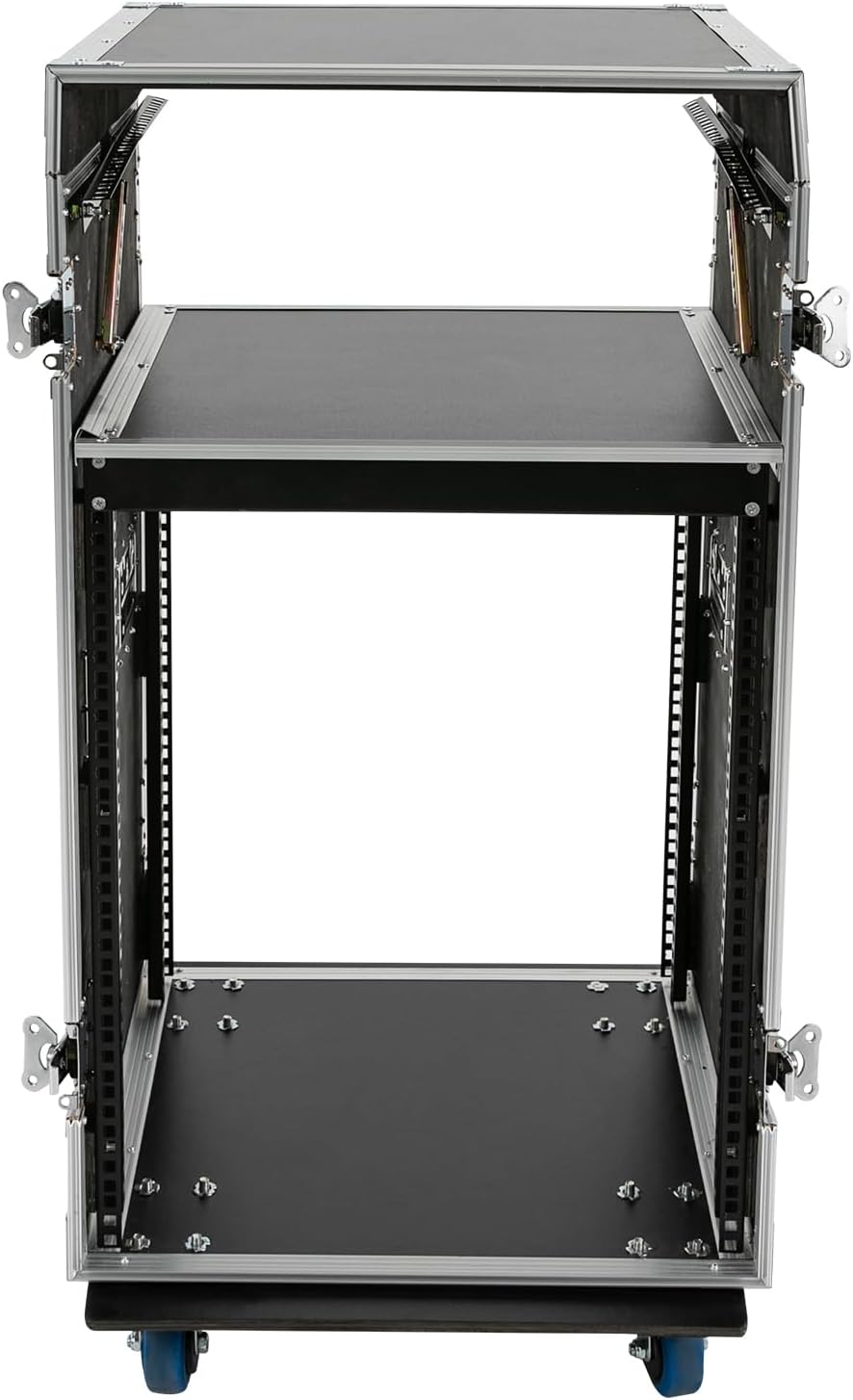 14U PA DJ Rack/Road ATA Case, Network & Stereo Rack with Slant Mixer Tops, Heavy-Duty DJ Work Table Rolling Studio Equipment Cabinet, Amplifier Mixer Storage Stand for Pro Tour Grade, Live Sound