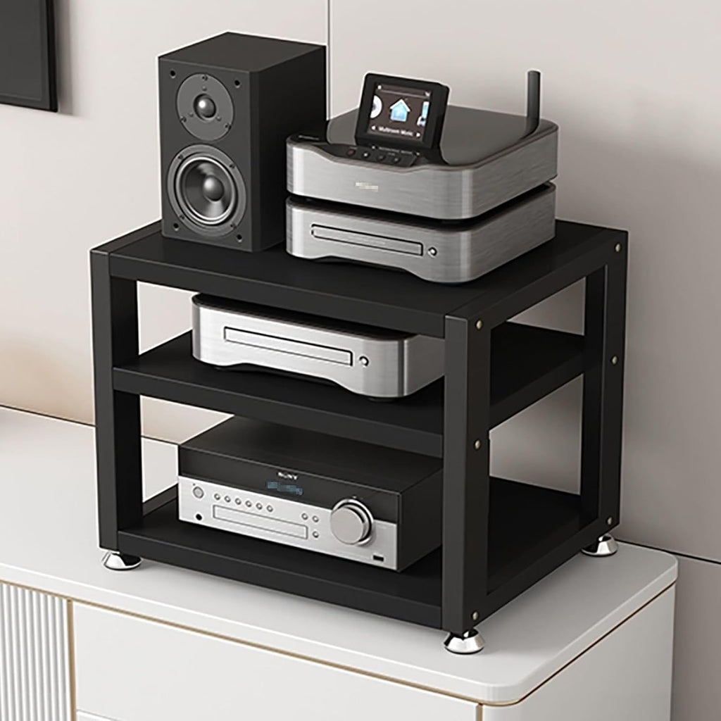 3-Tier Media Stand, Modern Audio Rack & Small Stereo Cabinet, Durable Steel Pipe Storage for Media Components, High Load Capacity (Black, 40x35x35.5cm)