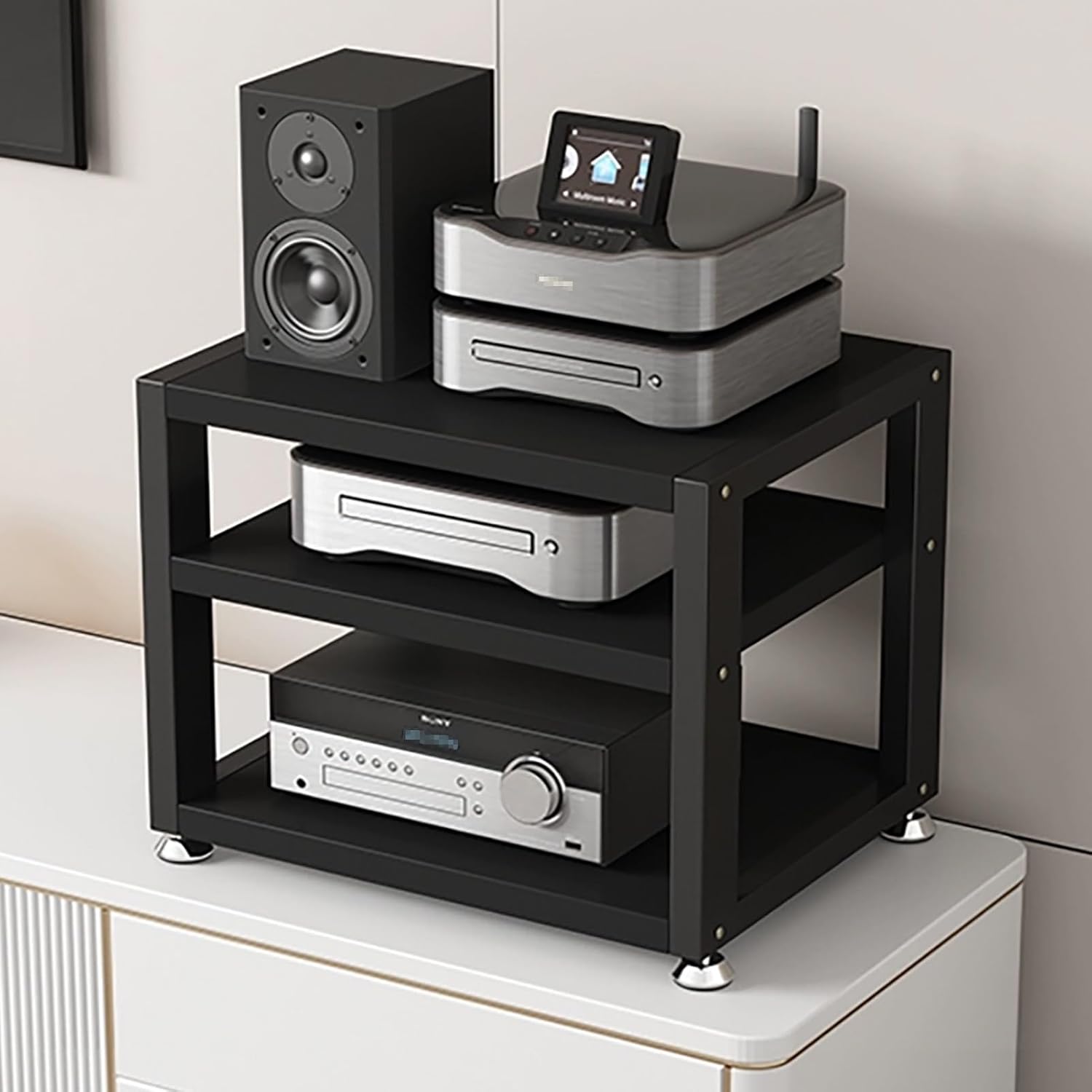 3-Tier Media Stand for Audio Equipment, Modern Stereo Cabinet with Strong Load-Bearing Steel Frame, Compact Storage Rack for Living Room, Black (50x35x35.5cm)