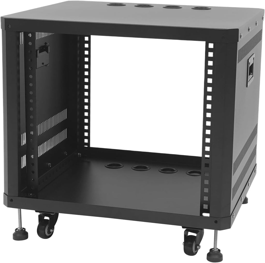 9U Network & Stereo Rack, Universal AV Equipment Rack with Caster Wheels, 19-Inch Rolling Open Server Audio Cabinet, AV Rack Stand for Studio, Server, Network Gear, Built-in Ventilation Holes (Black)