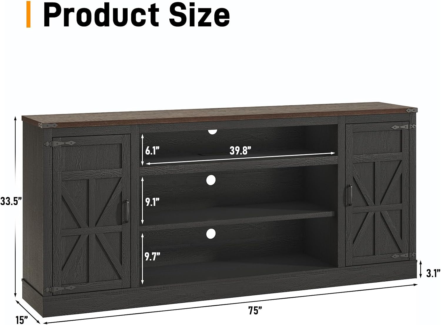 Hlivelood 75' Farmhouse TV Stand with Power Outlets for 85 Inch TVs, 33' Tall Entertainment Center with Storage Cabinets w/Adjustable Shelves, Rustic Large TV Media Console, Black