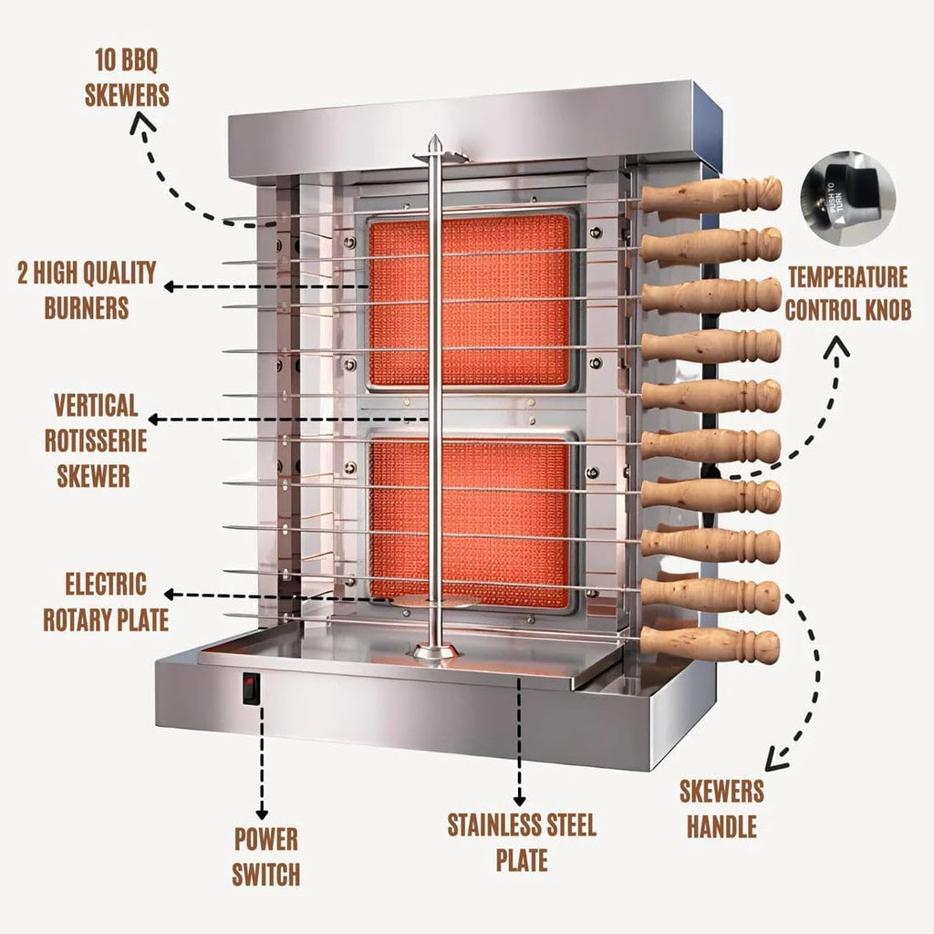Homira Vertical Shawarma Machine - 2 Burner Rotisserie Grill, Doner Kebab and Tacos Al Pastor Machine with 10 Kebab Skewers