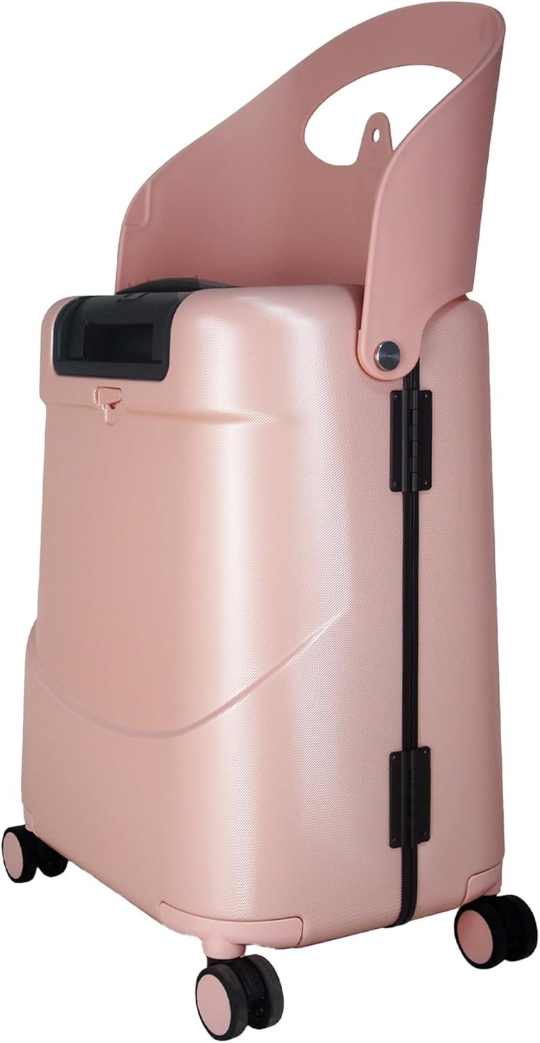 MiaMily 4-Wheel Carry-On Luggage with Seat – Ride-On Suitcase for Easy Family Travel, Seat Belt, 43L Hard Shell, Waterproof Pocket, Adjustable Handle, Dusty Pink