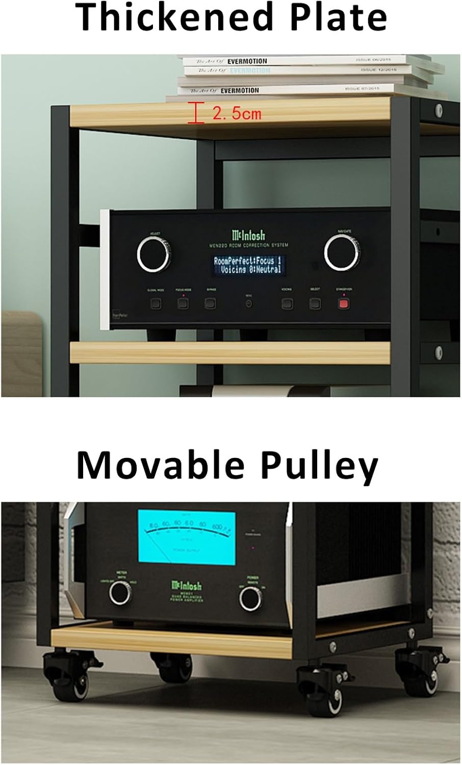 Modern Media Stand on Wheels - Movable Audio-Video Tower Cabinet for Entertainment Equipment, Stereo Component Storage, Ideal for Living Room, Gaming & Recording Spaces (Black)