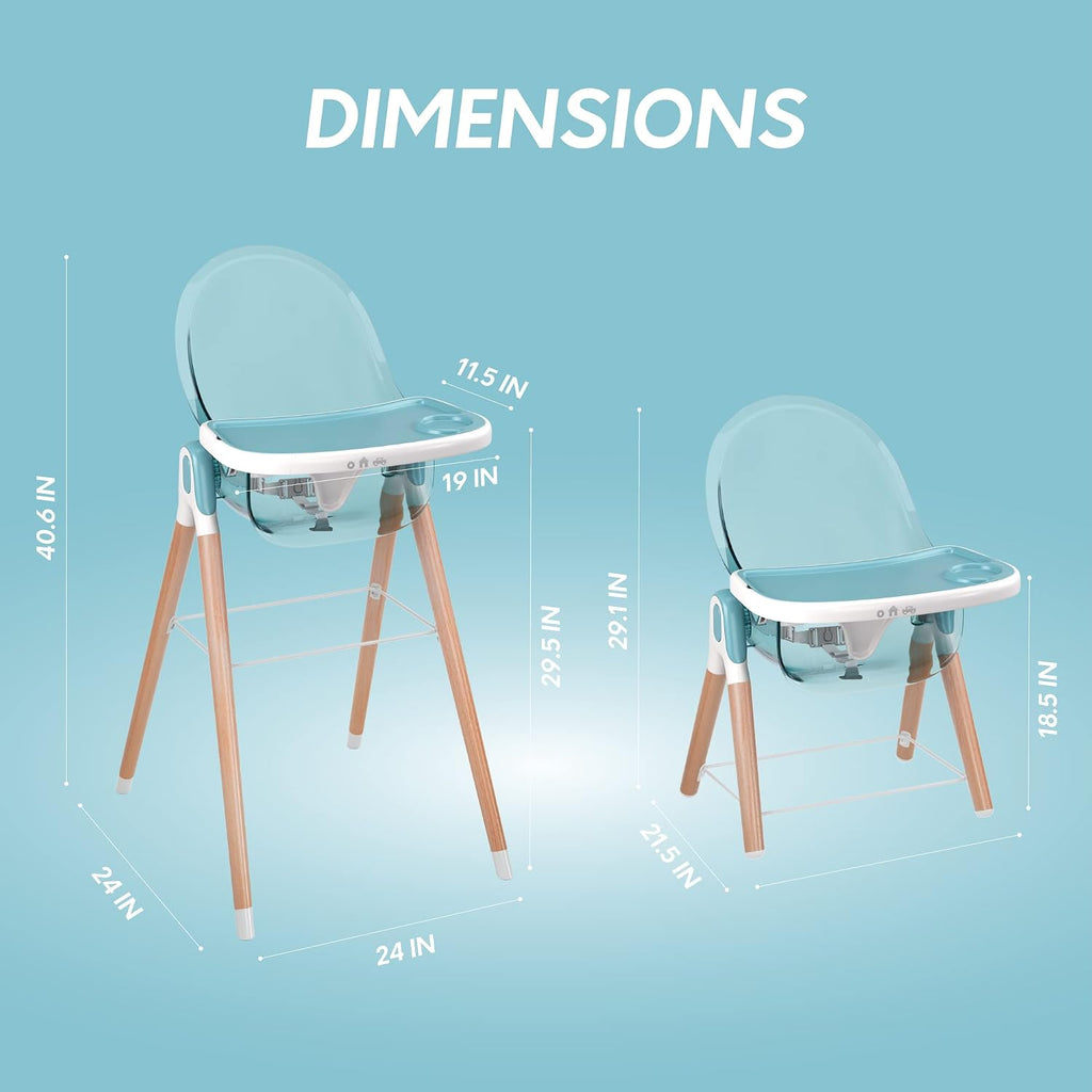 6 in 1 Deluxe Wooden High Chair for Babies & Toddlers, Modern Safe & Compact Baby Highchair, Easy to Clean & Assemble, Removable Tray, 6 Options 3 Seat Positions 2 Heights (Blue)
