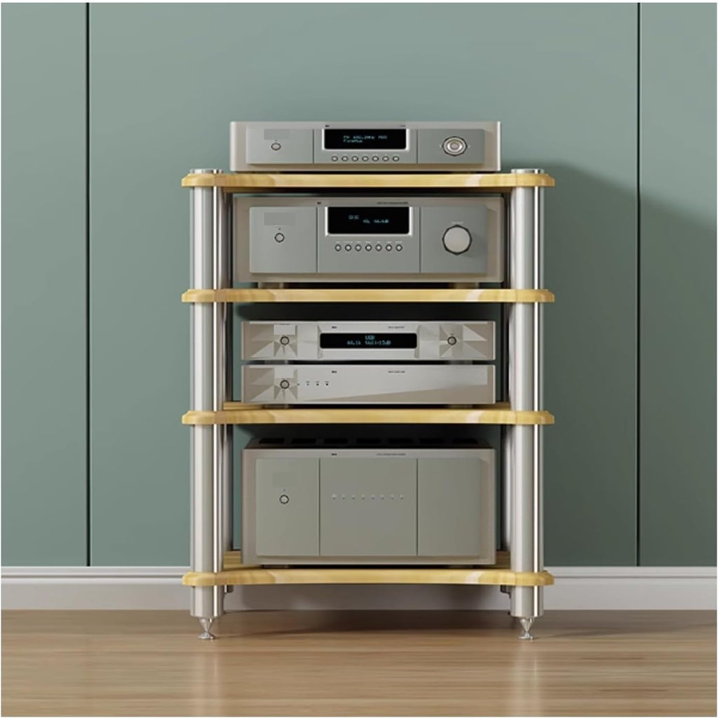 1 2 3 4 Tier Audio Rack, Sturdy AV Media Stand Storage Cabinet Corner Shelf for Stereo, CD Player, Gaming & Home Theater Equipment(Natural,4layer)