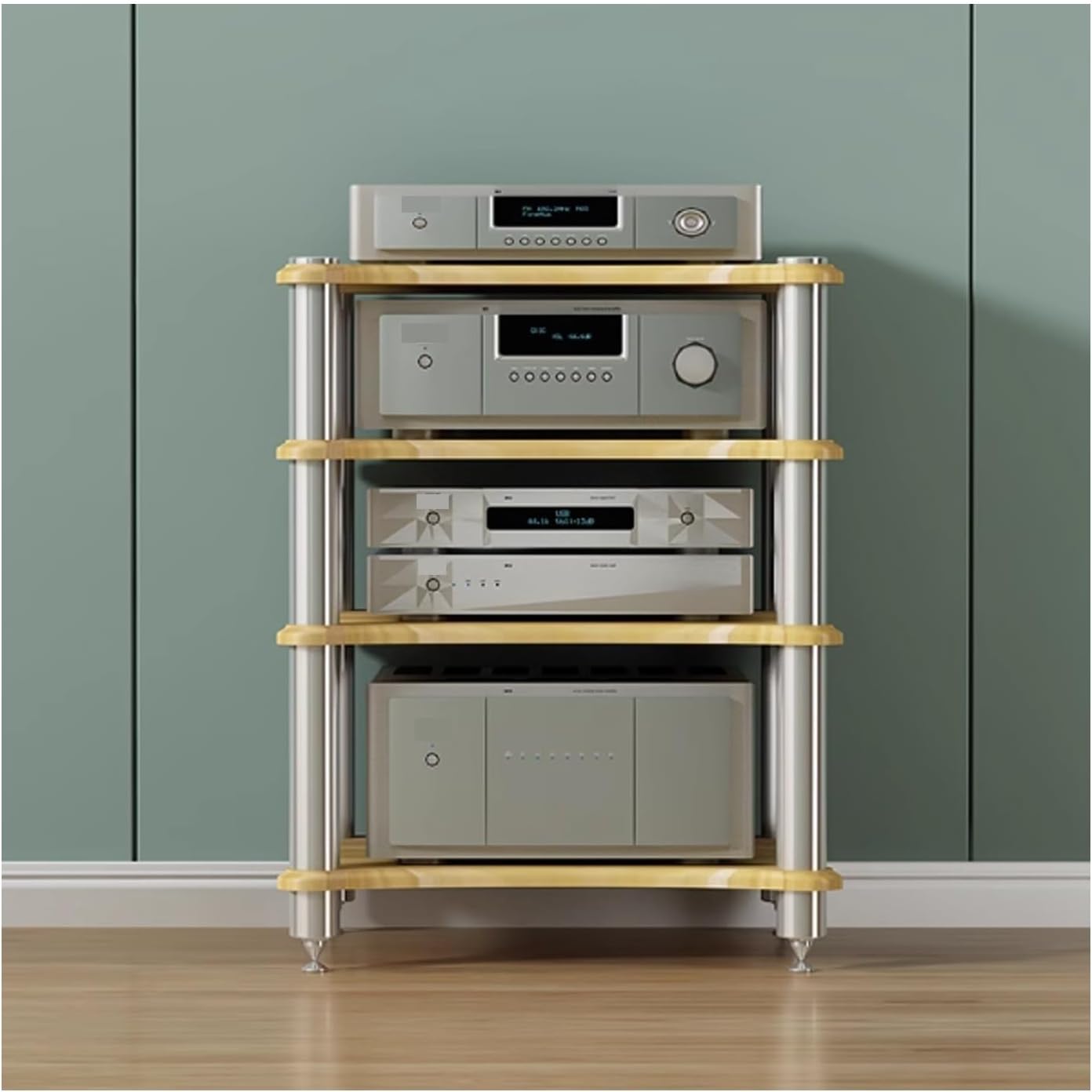 1 2 3 4 Tier Audio Rack, Sturdy AV Media Stand Storage Cabinet Corner Shelf for Stereo, CD Player, Gaming & Home Theater Equipment(Natural,4layer)