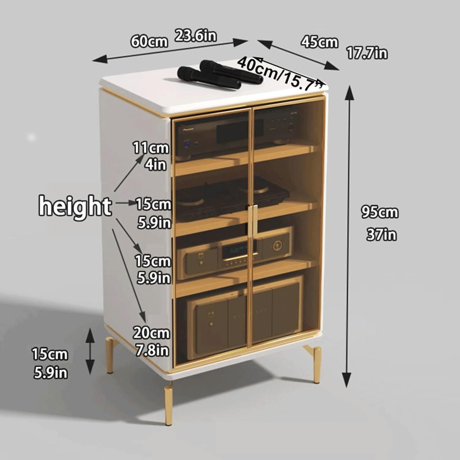 Audio Rack 4 Tier Stereo Rack Audio Equipment Rack Metal Audio Rack Cabinet AV Cabinet Durable with Tempered Glass Doors Strong(Grey,60x45x95cm)