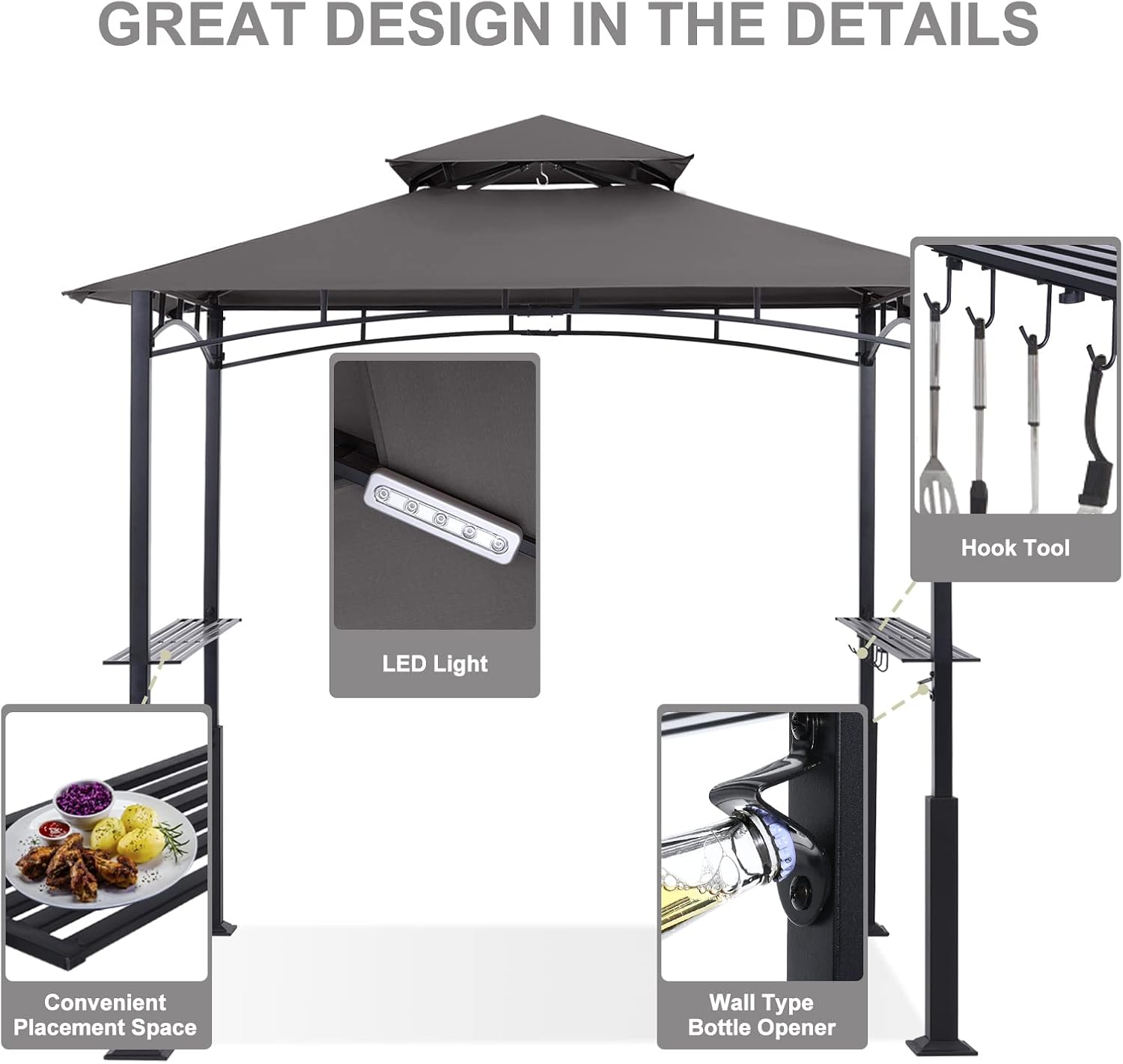 ABCCANOPY 8x5 Grill Gazebo - Outdoor BBQ Canopy Shelter with Led Light for Patio Backyard Grilling (Dark Grey)