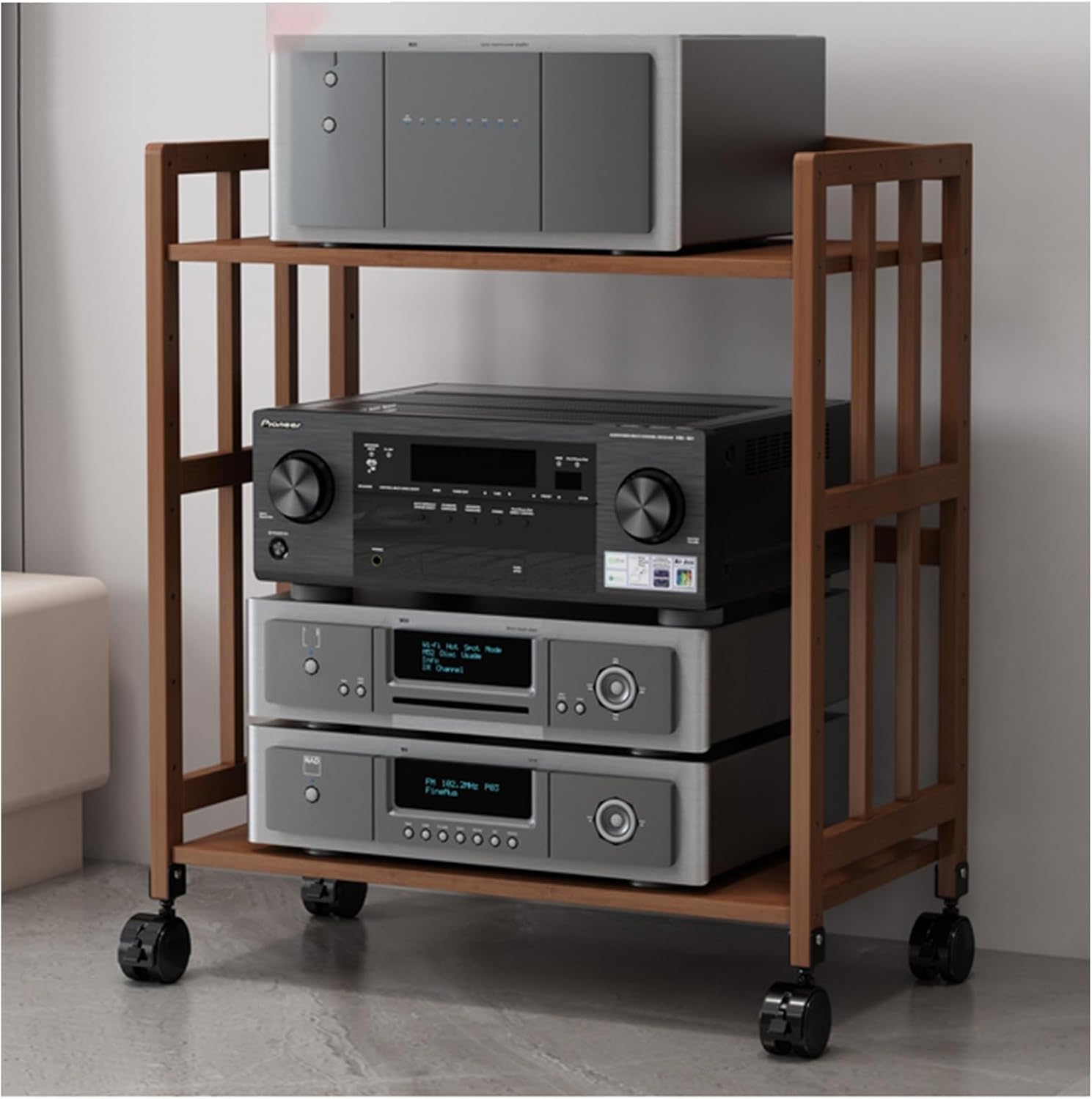 Height-Adjustable Modern AV Stand - Multi-Function Floor-Standing Audio Rack, Wooden Shelves TV Cabinet, Corner Storage for Stereo Components & Media Equipment