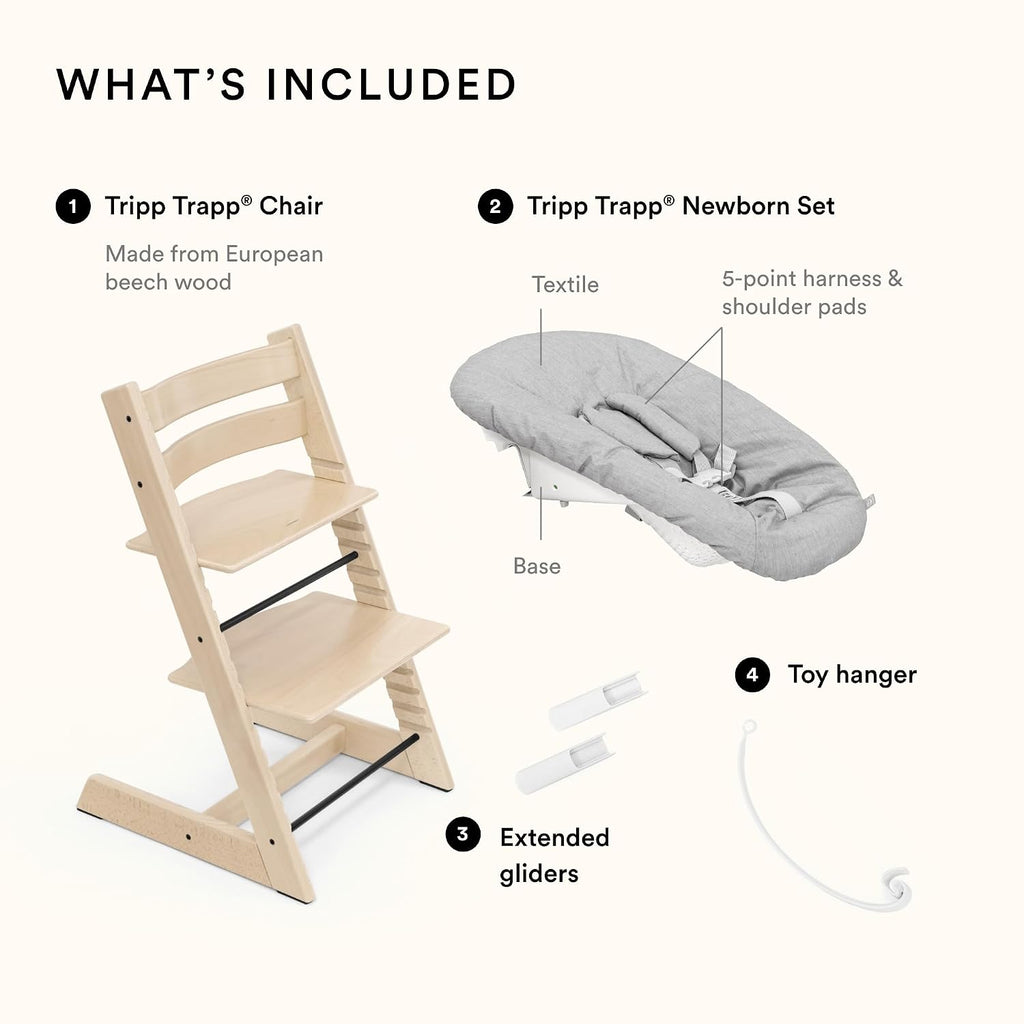 Tripp Trapp Chair from Stokke (Natural) + Tripp Trapp Newborn Set (Grey) - Cozy, Safe & Simple to Use - for Newborns Up to 20 lbs