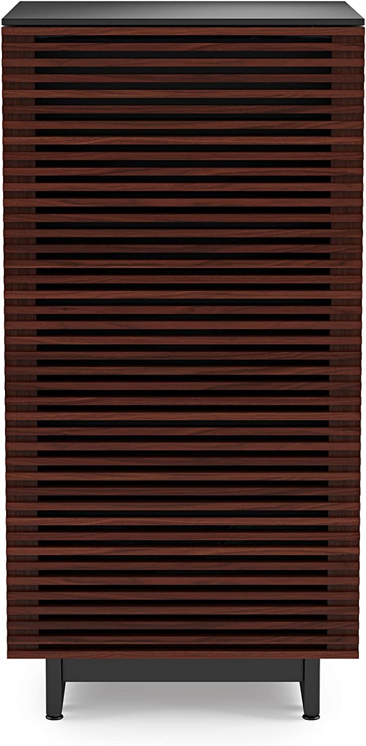 BDI Furniture Corridor 8172-22'' Audio Cabinet with Flow-Through Ventilation, Cable Management, Adjustable Shelves, Louvered Doors, Satin-Etched Tempered Glass Top, Chocolate Stained Walnut