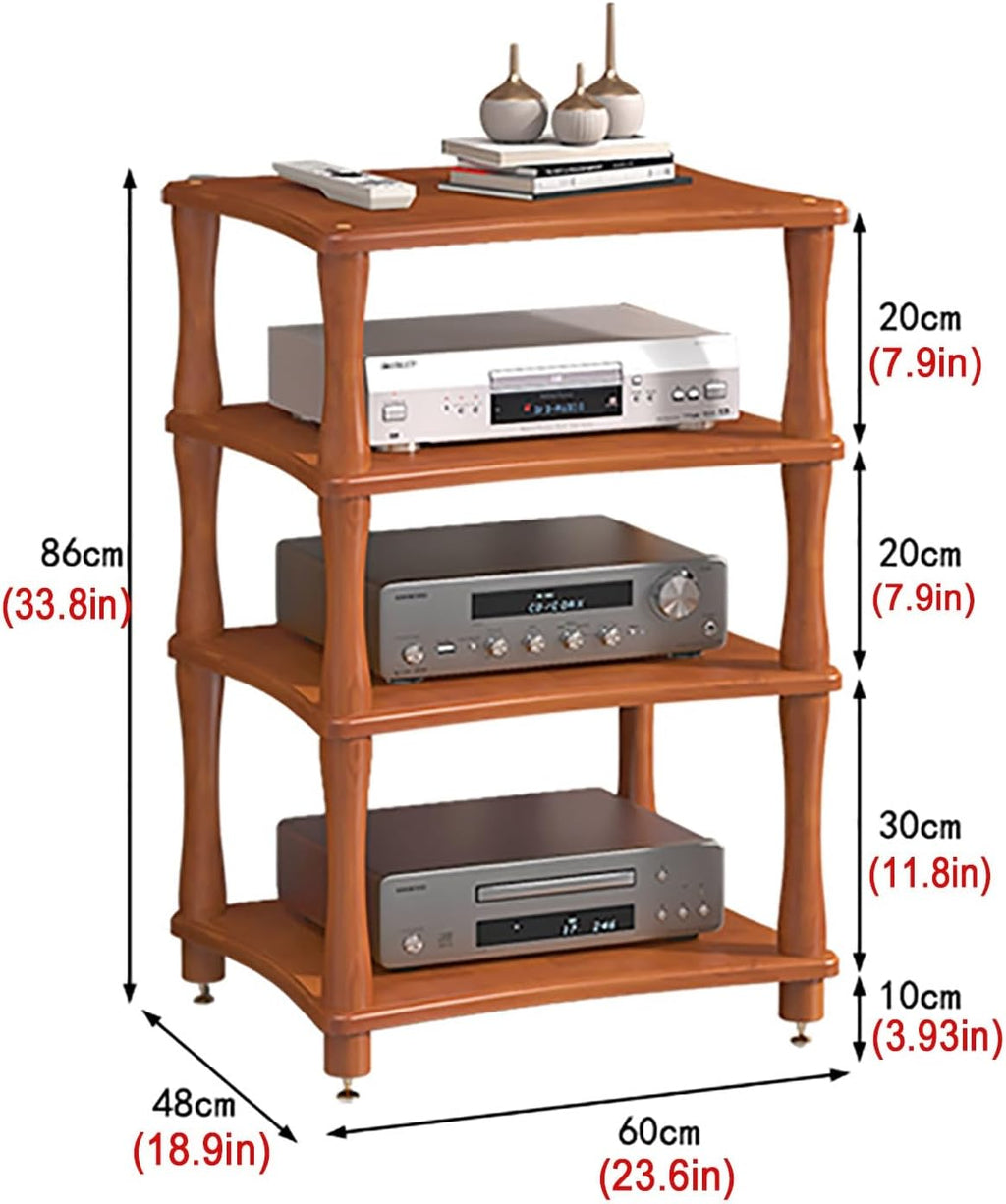 HOFSSI Open Audio Rack/Record Player Stand with Shock Absorbing Feet, Wooden Stereo Cabinet Media Stand Corner Shelf, TV Box/WiFi Router/Audio Equipment Organizer, for Home/Office/Theater(4-Tier)