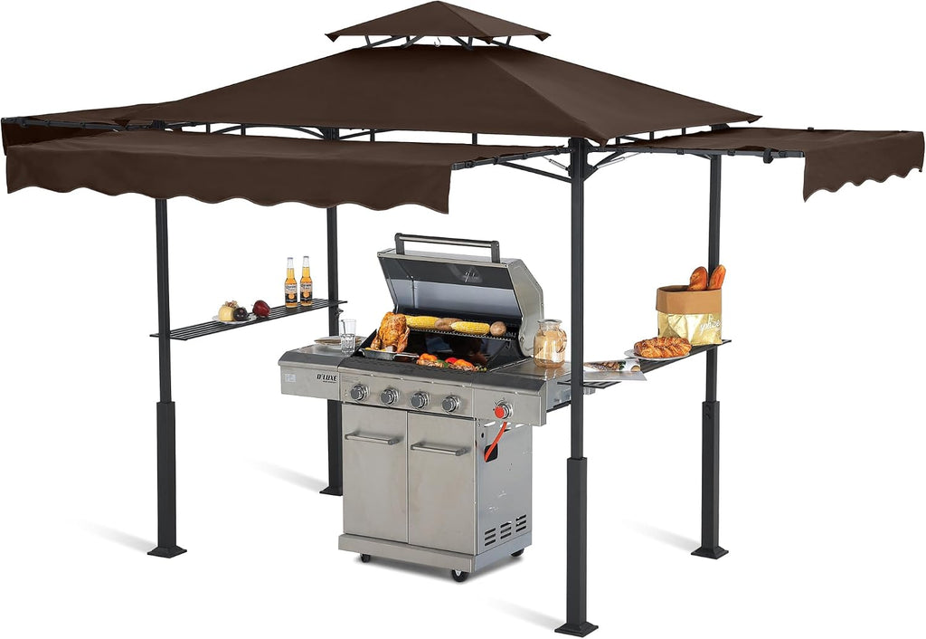 ABCCANOPY Grill Gazebo with Extra Awning on Three Sides - 5'x14' Outdoor Grill Canopy BBQ Gazebo Barbecue Canopy with LED Lights for Backyard, Lawn and Patio (Brown)