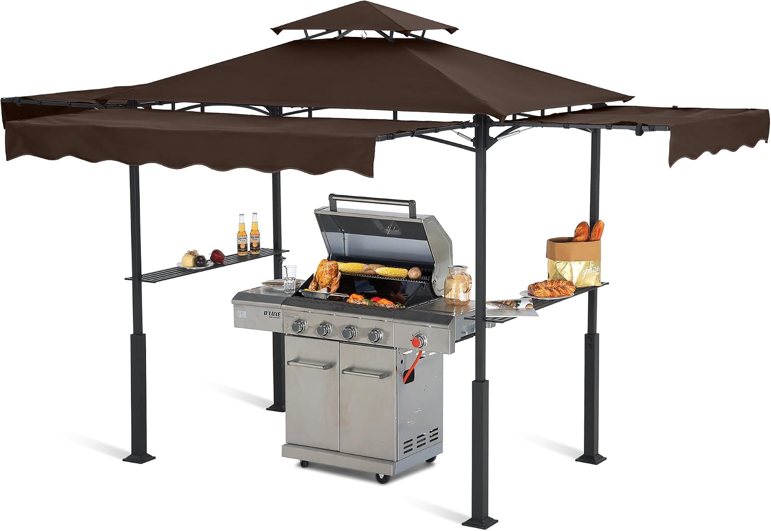ABCCANOPY Grill Gazebo with Extra Awning on Three Sides - 5'x14' Outdoor Grill Canopy BBQ Gazebo Barbecue Canopy with LED Lights for Backyard, Lawn and Patio (Brown)