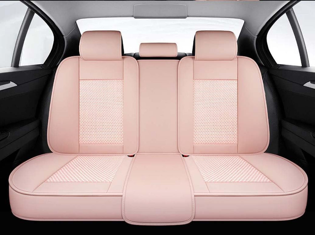 Baby Pink Seat Covers Full Set - Leather and Ice Silk Breathable Front and Rear Seat Covers for Women Men, Luxury Car Cushions