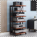 6-Tier Black Av Shelf Rack - Media Stand with Rolling Wheels Space-Saving Corner Design Open Shelves for Home Theater Audio Equipment & Entertainment System-Black+Teak-6 Tier