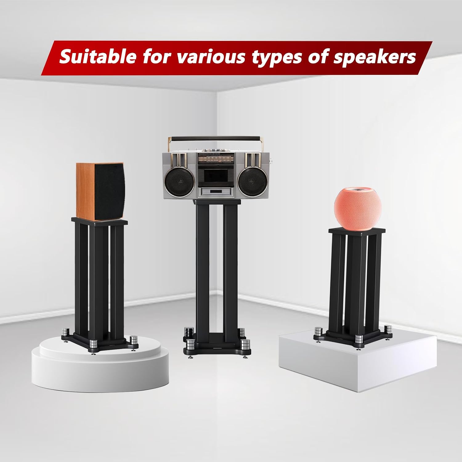 A Pair of Speaker Stands, Heavy Duty Speaker Stand Holds Bookshelf/Satellite/Large Speaker, Vibration-Absorbing MDF Design, 1.96×1.96in Metal Column Support,Holds 88lbs Speaker (Black, 11.8in)
