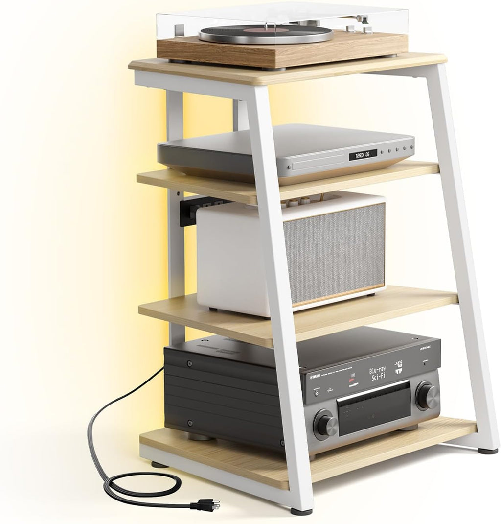 FITUEYES Design Stereo Cabinet 4-Tier Media Cabinet with LED Backlight Integrated Power Wooden Media Stand with Adjustable Shelves for Turntables Record Player Stereo Receiver CD Players AMP