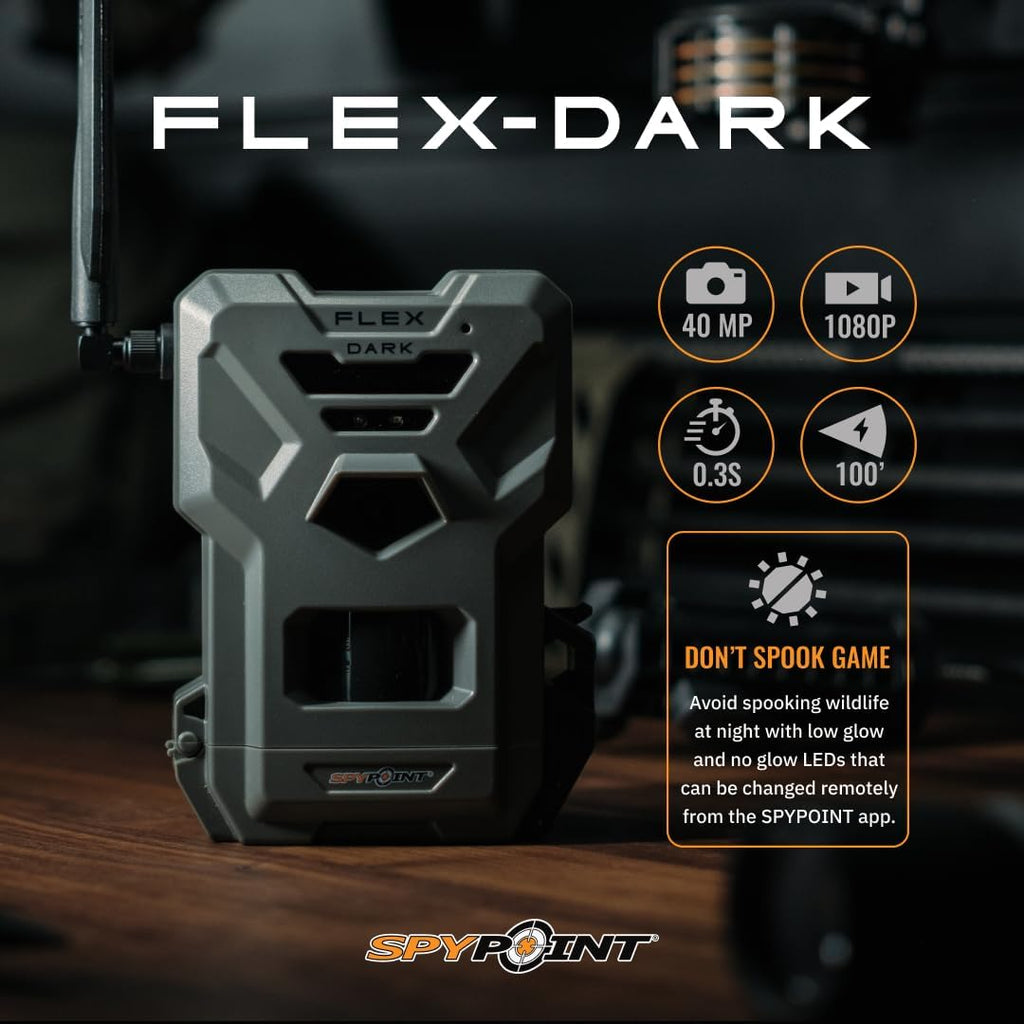 SPYPOINT Flex-Dark Cellular Trail Camera, 40MP Photos, 1080p Video + Sound, No-Glow Game Camera, Hunting Night Vision, Motion Activated,100ft Detection, No WiFi Needed Trail Cam