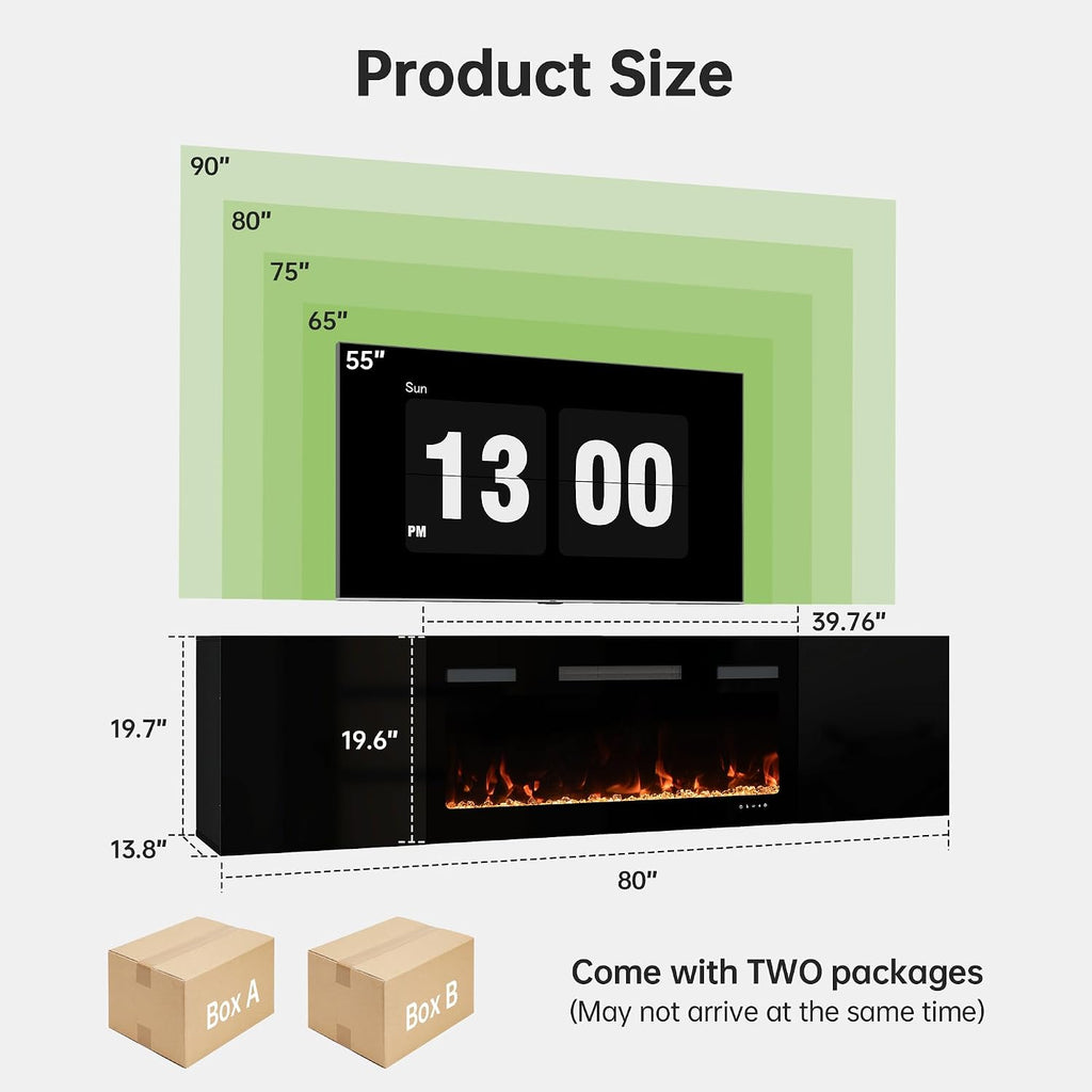 Real Relax 80' Floating TV Stand with 40' Electric Fireplace, Wall Mounted Entertainment Center with Storage, Remote Control, Modern LED Lights Fireplace TV Console, Taller Version, All Black