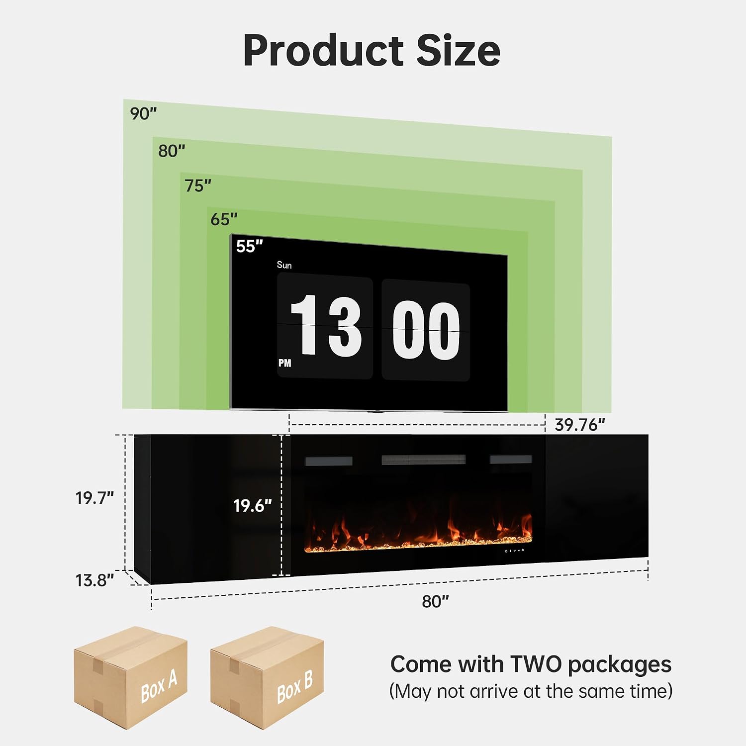 Real Relax 80' Floating TV Stand with 40' Electric Fireplace, Wall Mounted Entertainment Center with Storage, Remote Control, Modern LED Lights Fireplace TV Console, Taller Version, All Black