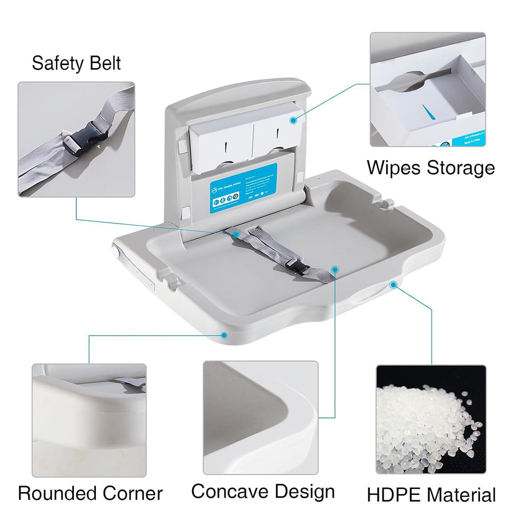 Baby Changing Station Wall Mounted, Baby Changing Table with Safrty Strap, HDPE Fold-Down Diaper Changing Station Table, Foldable Diaper Changing Unit for Commercial Bathroom Restroom